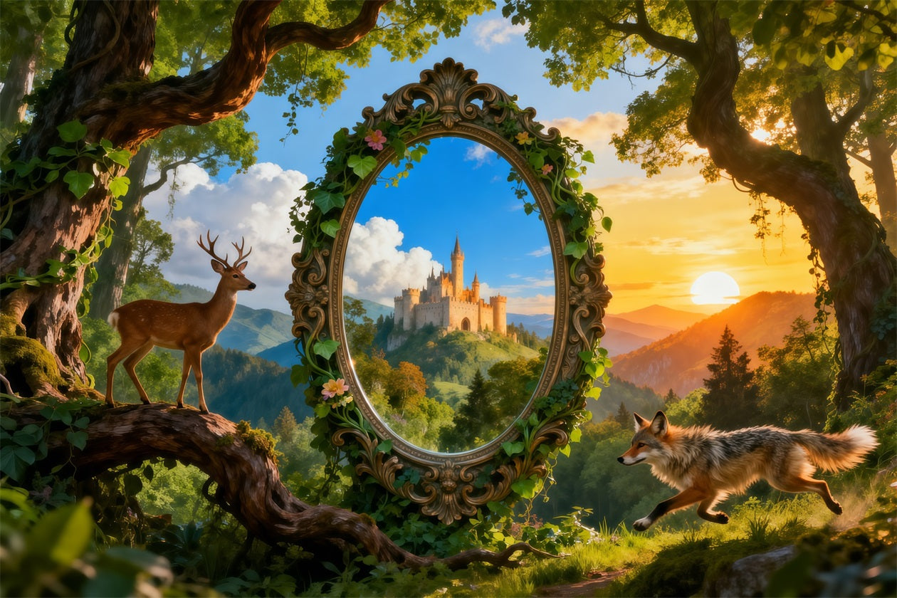 Fantasy Forest Backdrop Magic Mirror Castle Deer Fox Fairy Tale Forest Backdrop UK RR63-135