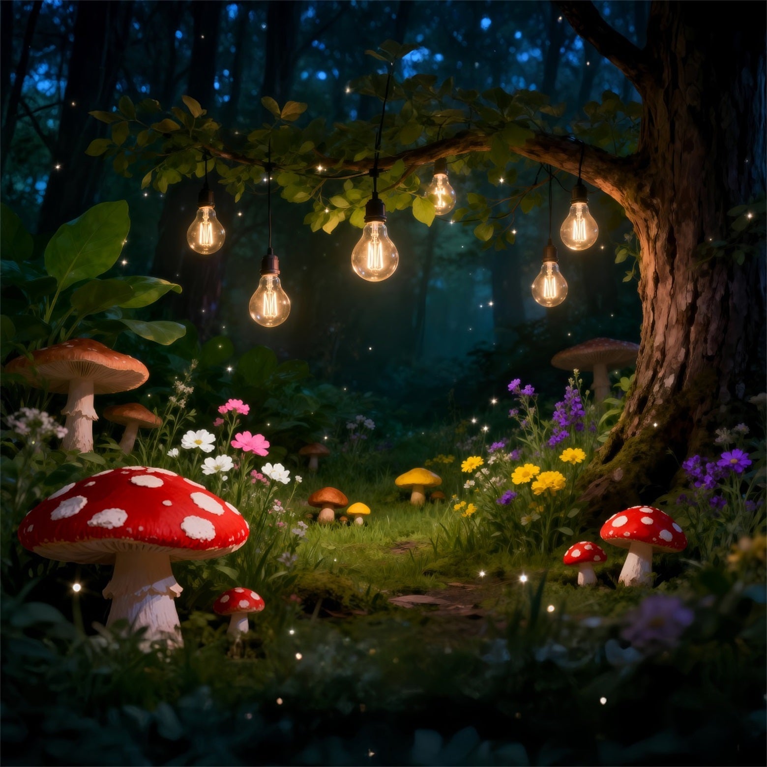 Forest Photography Backdrop Glowing Bulb Mushroom Fairy Photography Backdrop Forest UK RR63-136