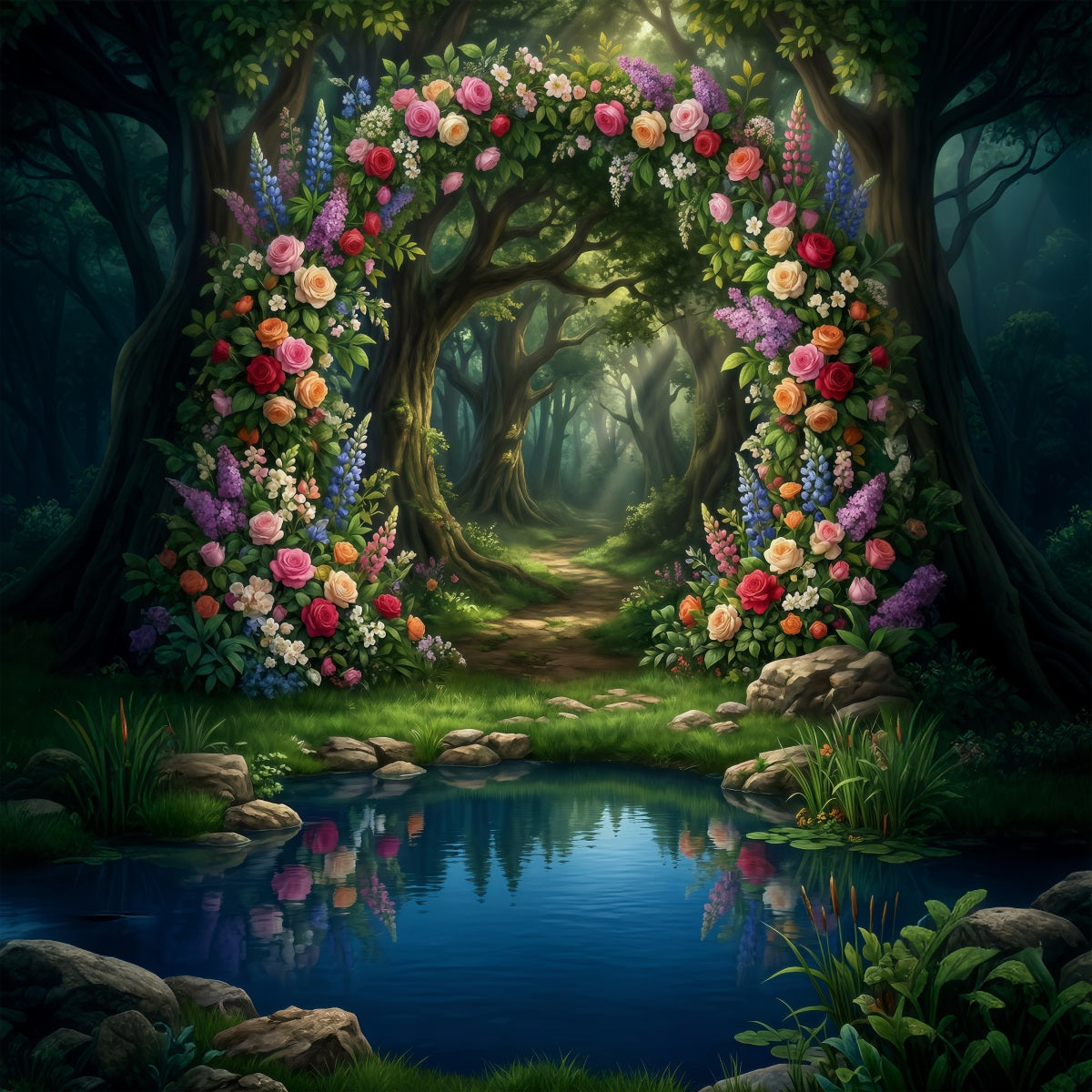 Forest Scene Backdrop Floral Arch Lake Reflection Woodland Path Fantasy Forest Backdrop UK RR63-138