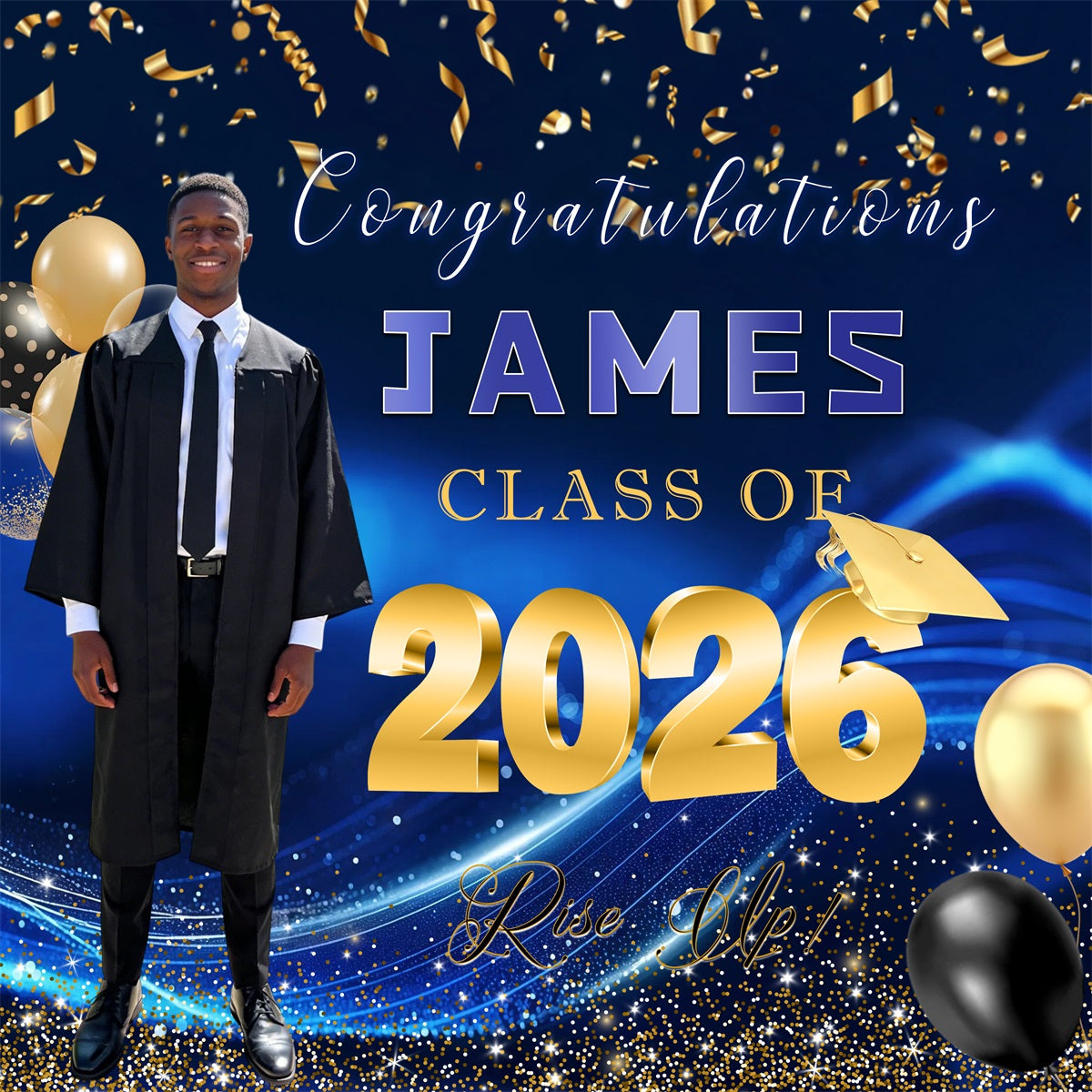 Class Of 2026 Graduation Backdrop Blue Gold Confetti Balloon Custom Graduation Backdrop UK RR63-14