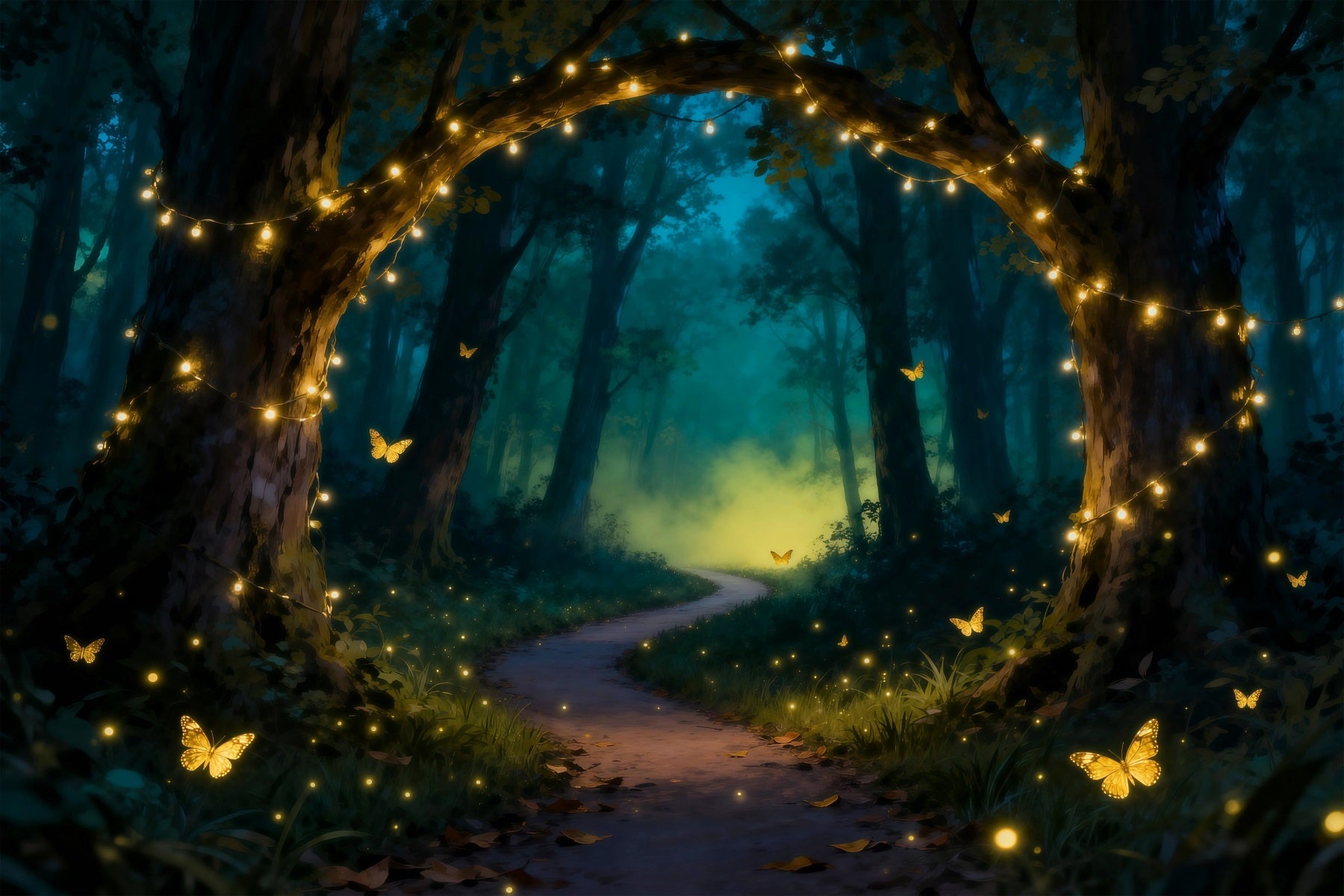 Enchanted Forest Theme Backdrop Golden Light Arch Butterfly Dream Path Forest Backdrop UK RR63-140