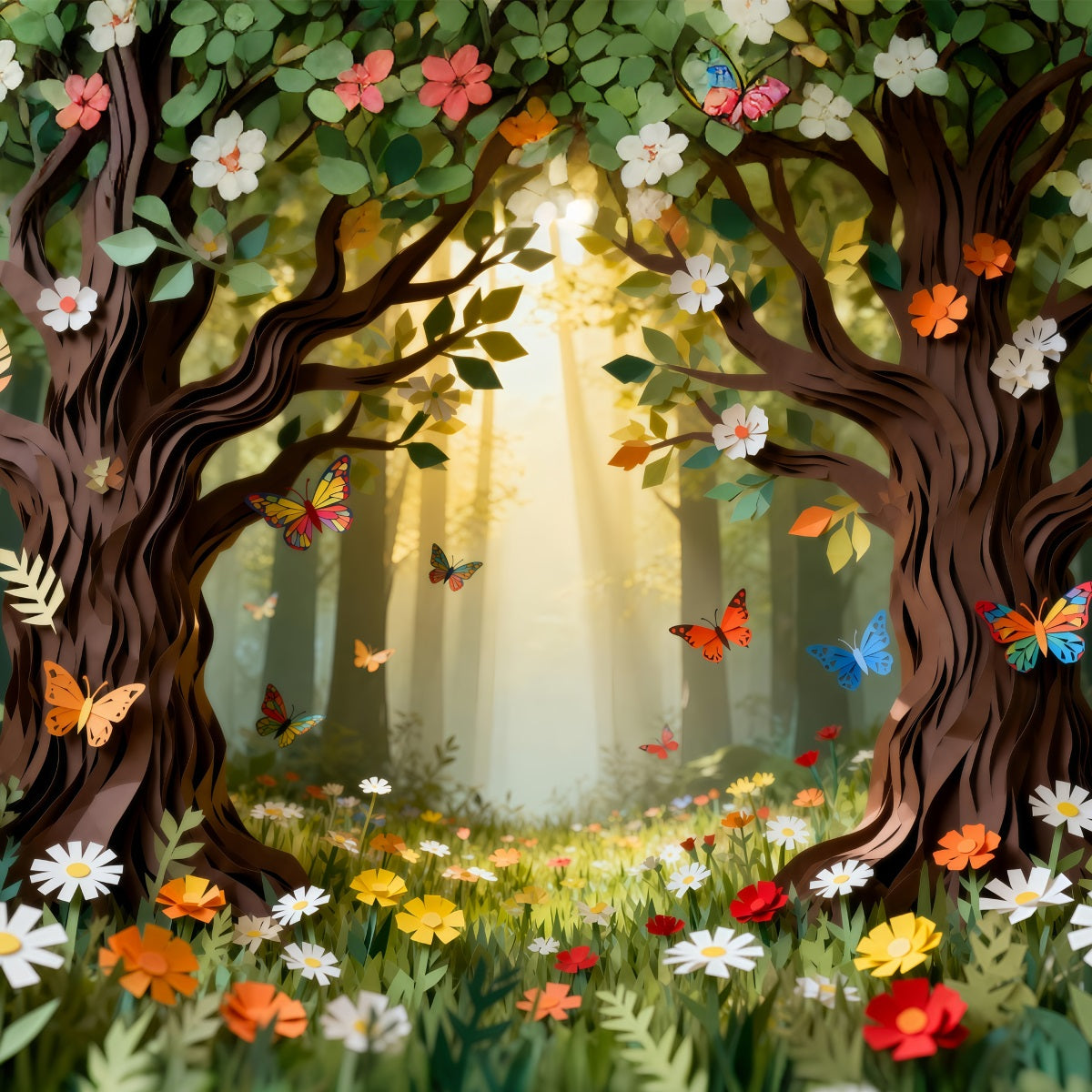 Forest Backdrop Cartoon Paper Cut Floral Butterfly Woodland Fairytale Forest Backdrop UK RR63-143