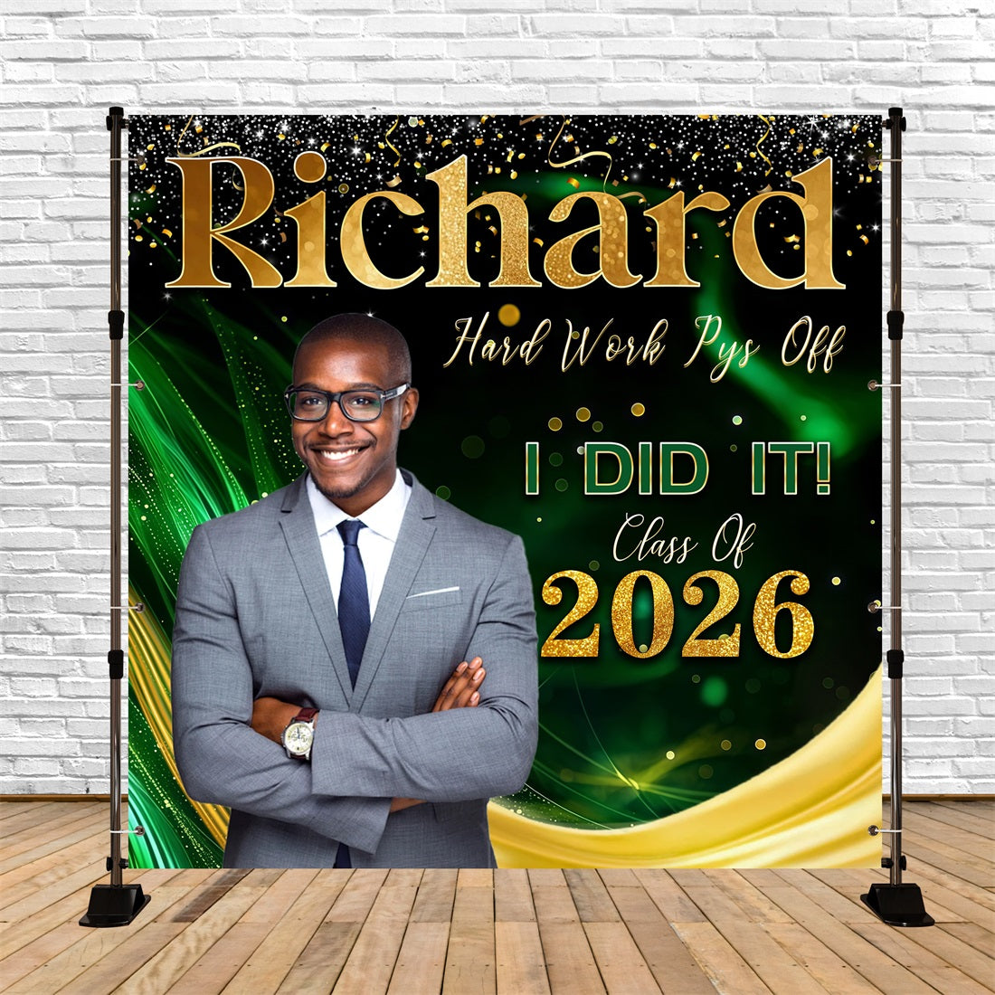 Graduation Party Backdrop Green Gold Sparkle Waves Class Of 2026 Graduation Backdrop UK RR63-15