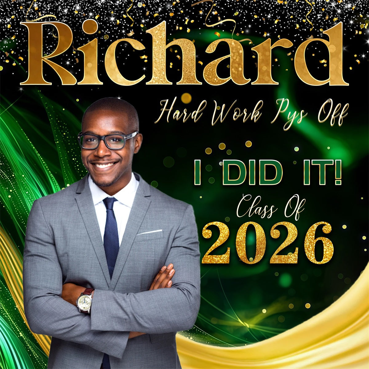 Graduation Party Backdrop Green Gold Sparkle Waves Class Of 2026 Graduation Backdrop UK RR63-15