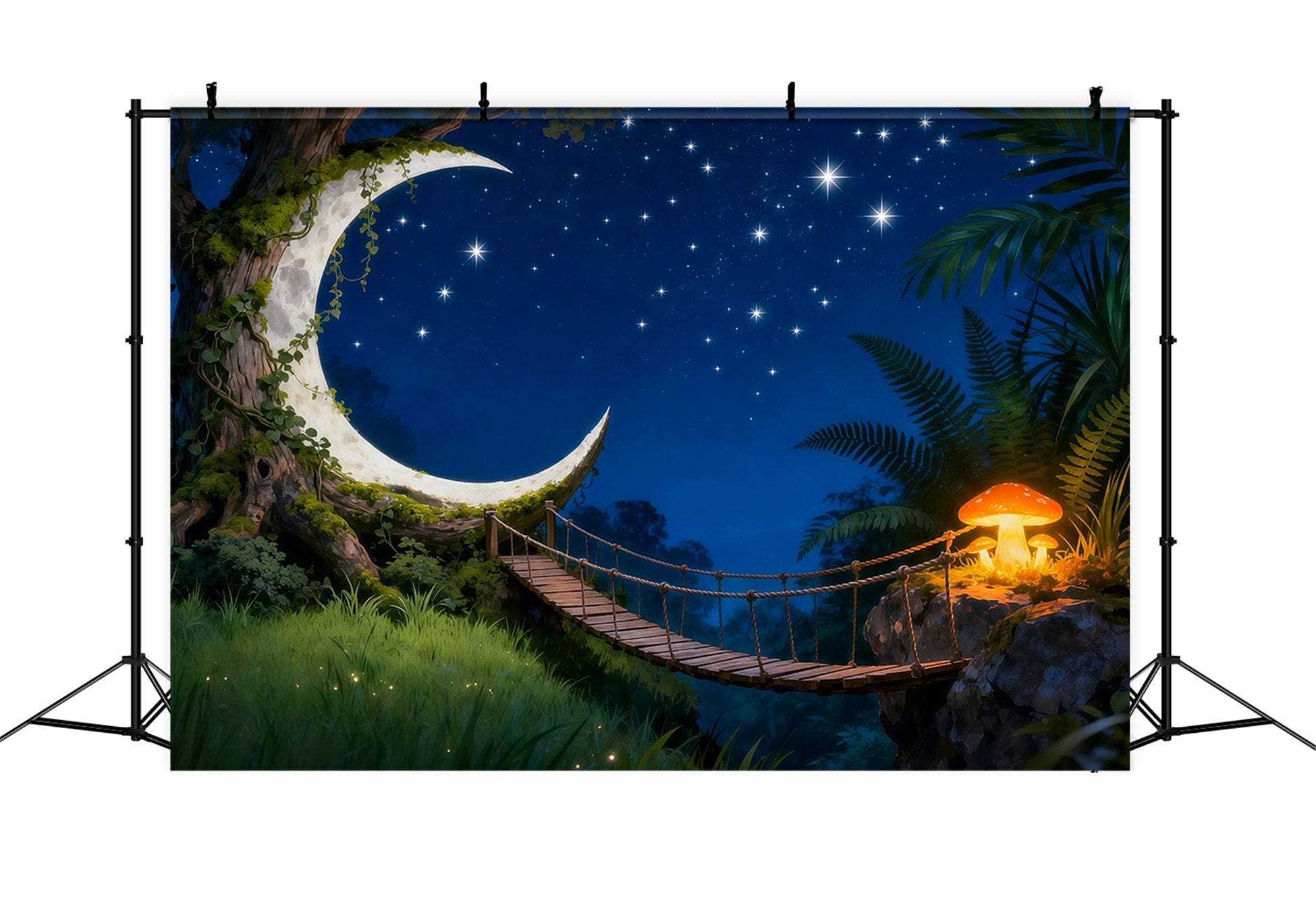Twilight Forest Backdrop Crescent Moon Bridge Starry Night Forest Themed Backdrop UK RR63-150