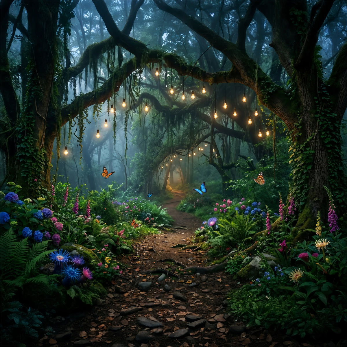 Photography Backdrop Forest Hanging Bulb Woodland Floral Pathway Fantasy Forest Backdrop UK RR63-152