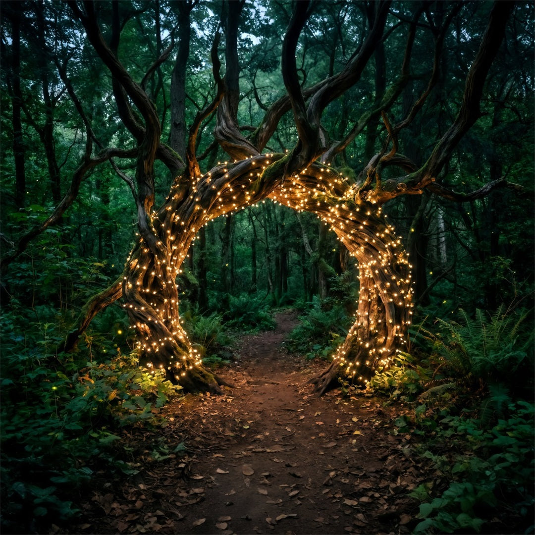 Backdrop Forest Theme Twisted Tree Arch Golden Fairy Lights Green Forest Backdrop UK RR63-153