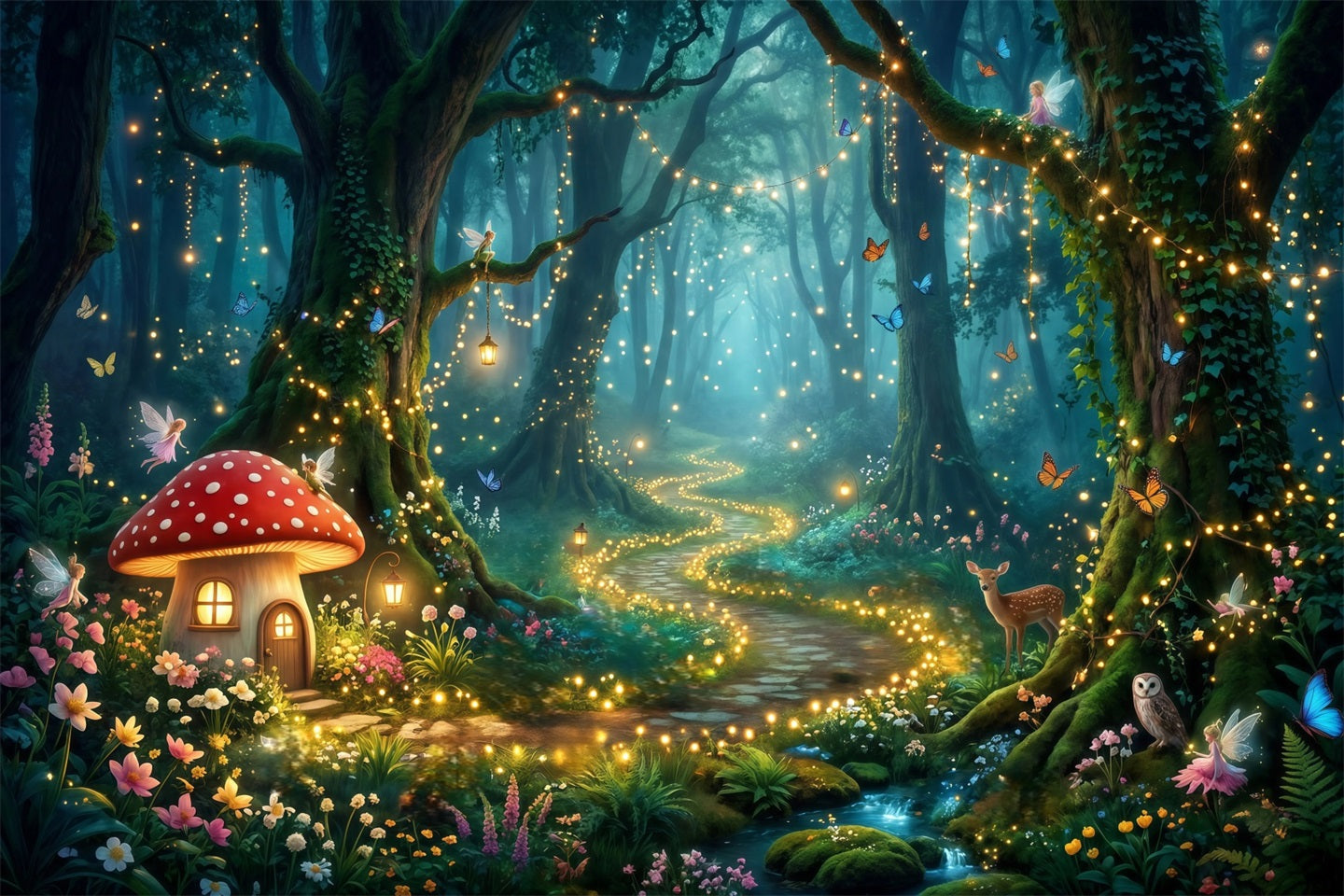 Enchanted Forest Backdrop Mushroom Cottage Glowing Pathway Forest Photo Booth Backdrop UK RR63-154
