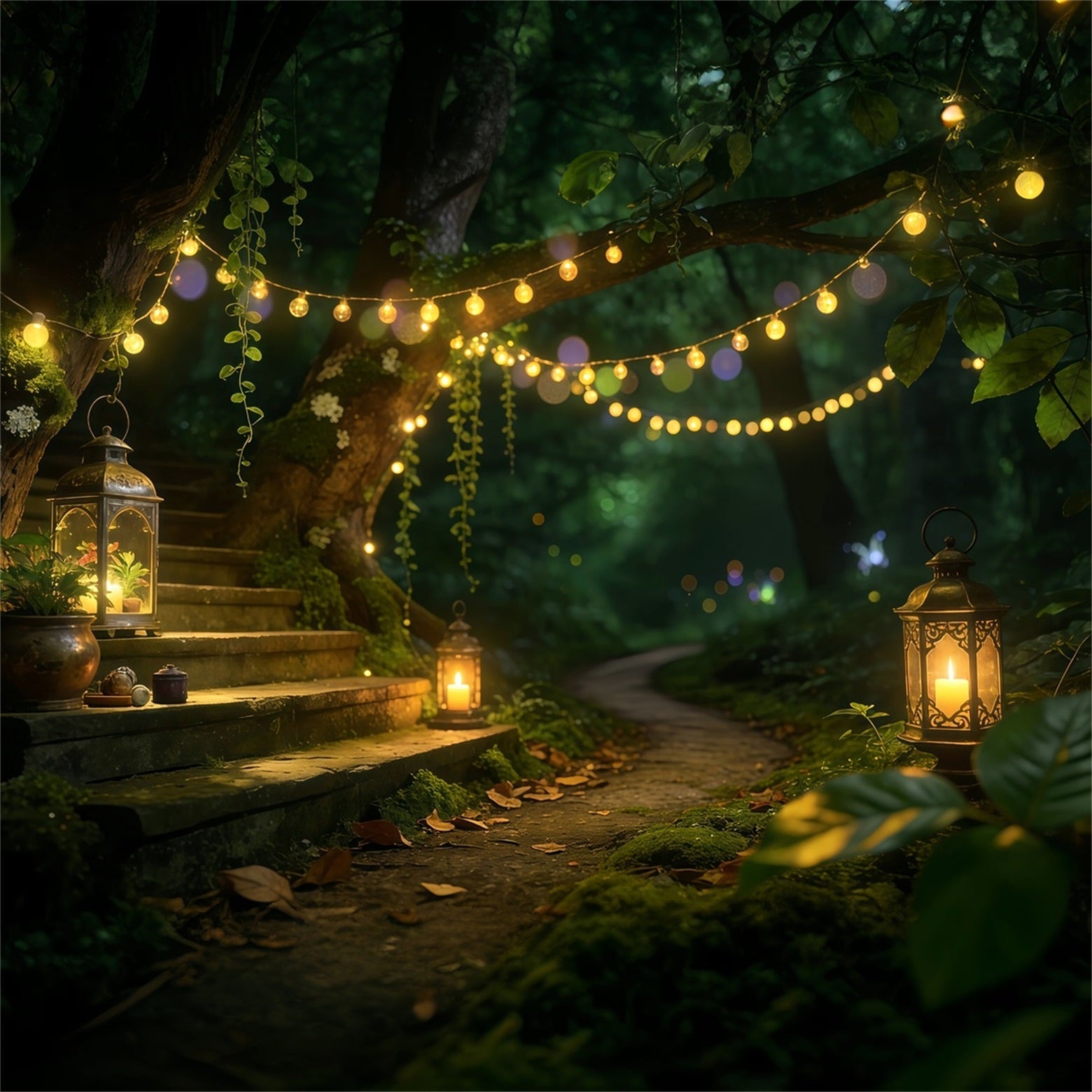Forest Backdrops For Photography Lantern Stairway Woodland Path Enchanted Forest Backdrops UK RR63-156