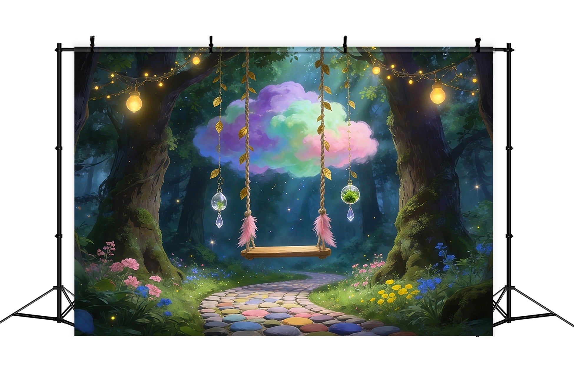 Enchanted Forest Photography Backdrop Dreamy Cloud Swing Hanging Crystal Forest Backdrop UK RR63-158
