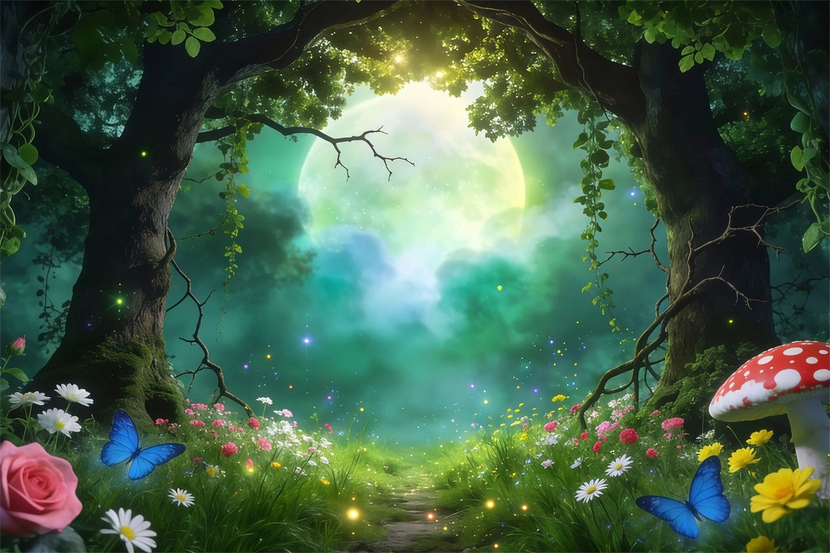Fairy Tale Forest Backdrop Moonlit Forest Clearing Giant Moon Glow Forest Backdrop Photography UK RR63-159