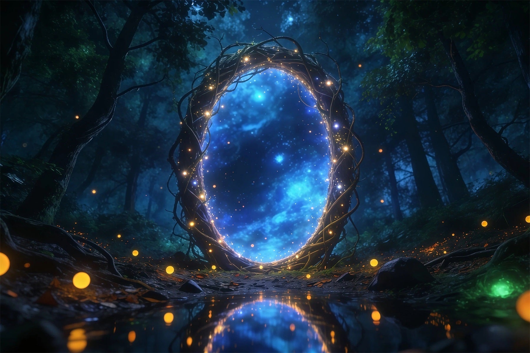 Forest Backdrop Ideas Mystic Light Portal Starry Reflection Pool Forest Photo Backdrop UK RR63-162