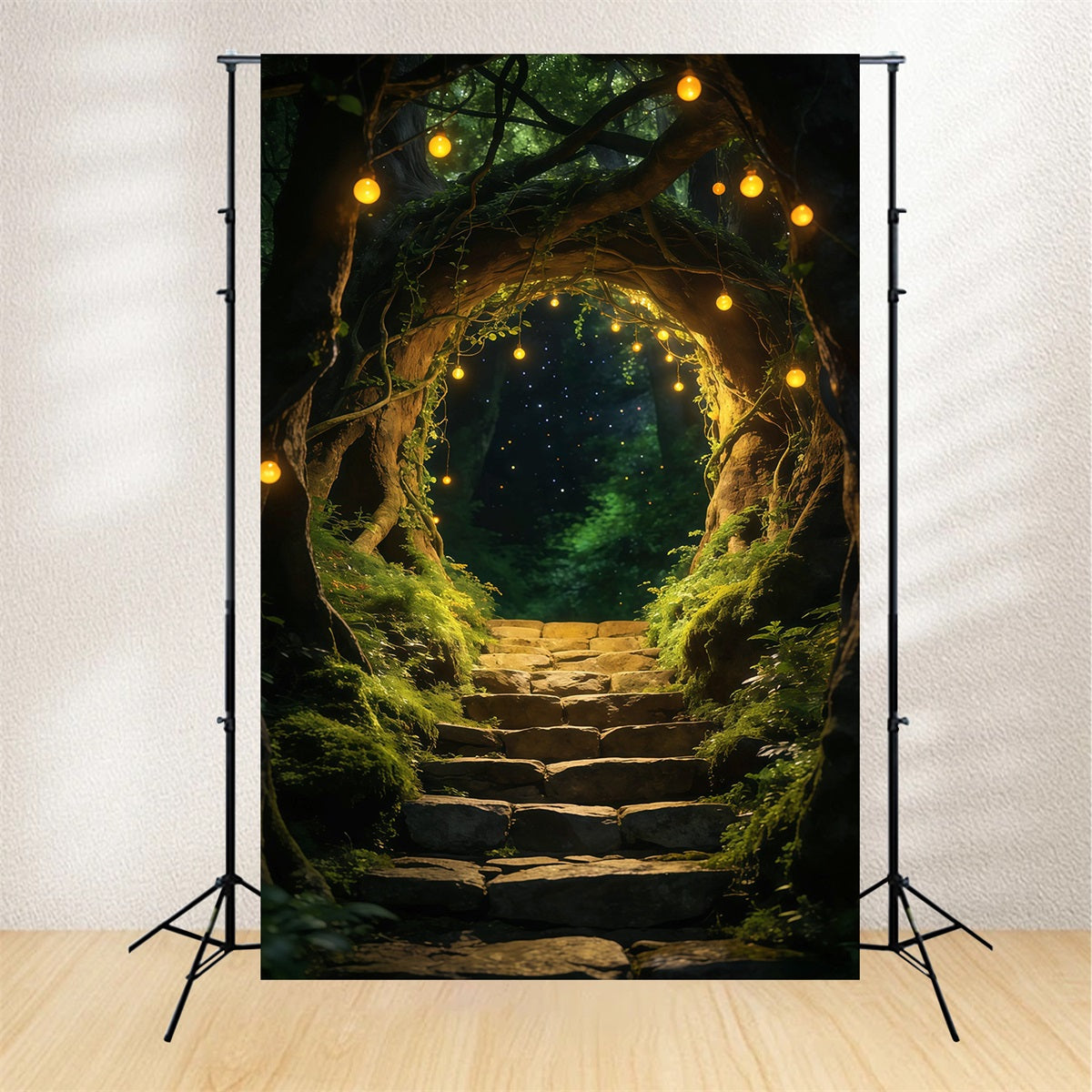 Forest Photo Booth Backdrop Enchanted Tree Arch Golden Hanging Lights Backdrop Forest UK RR63-163