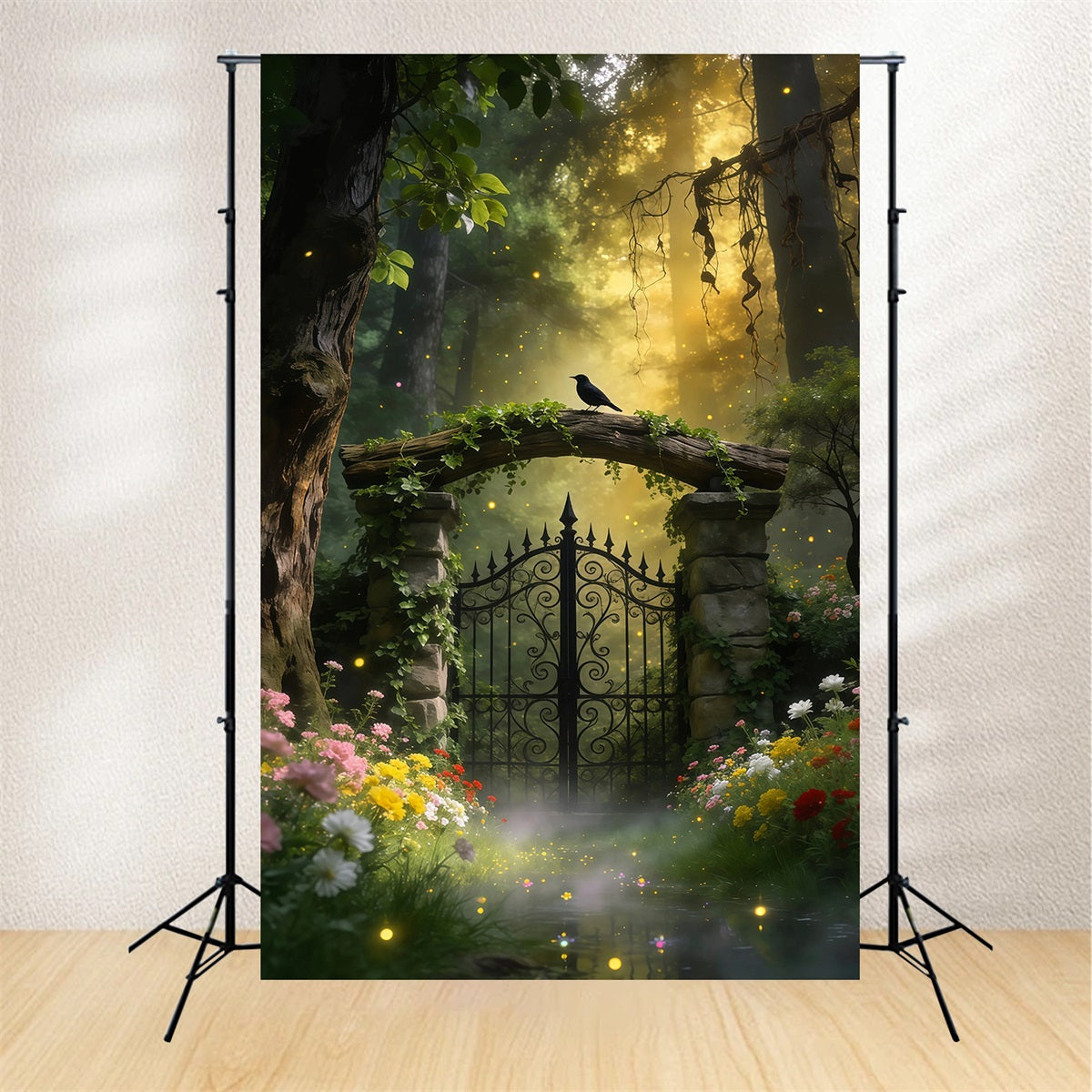 Backdrops Forest Vintage Iron Gate Bird Garden Glow Forest Photography Backdrop UK RR63-164