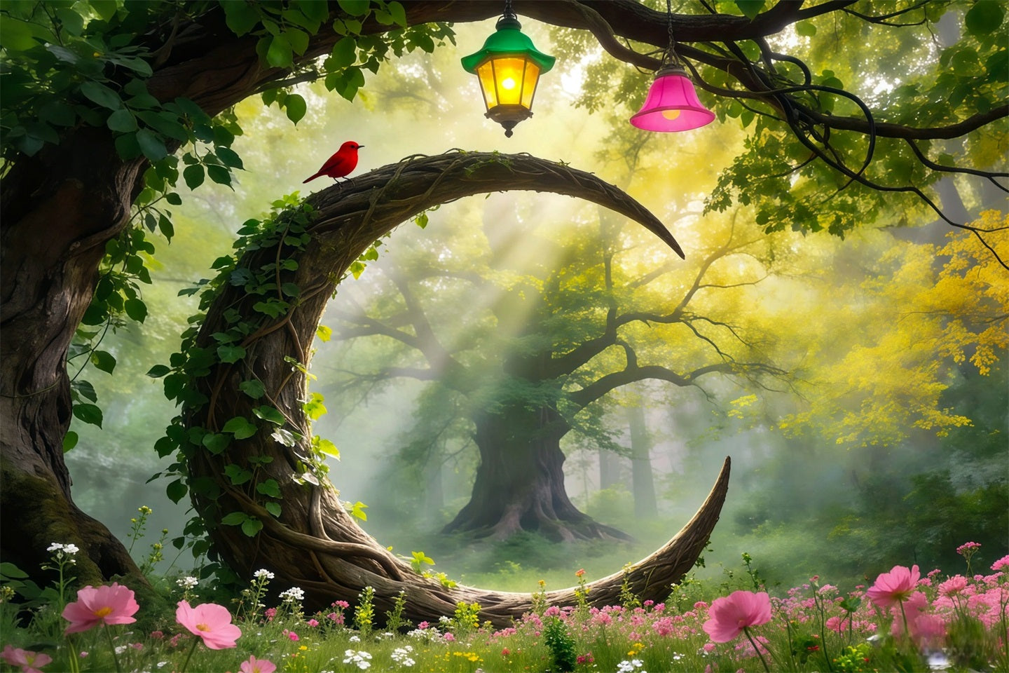 Forest Green Backdrop Curved Vine Arch Red Bird Lanterns Forest Photo Backdrop UK RR63-166