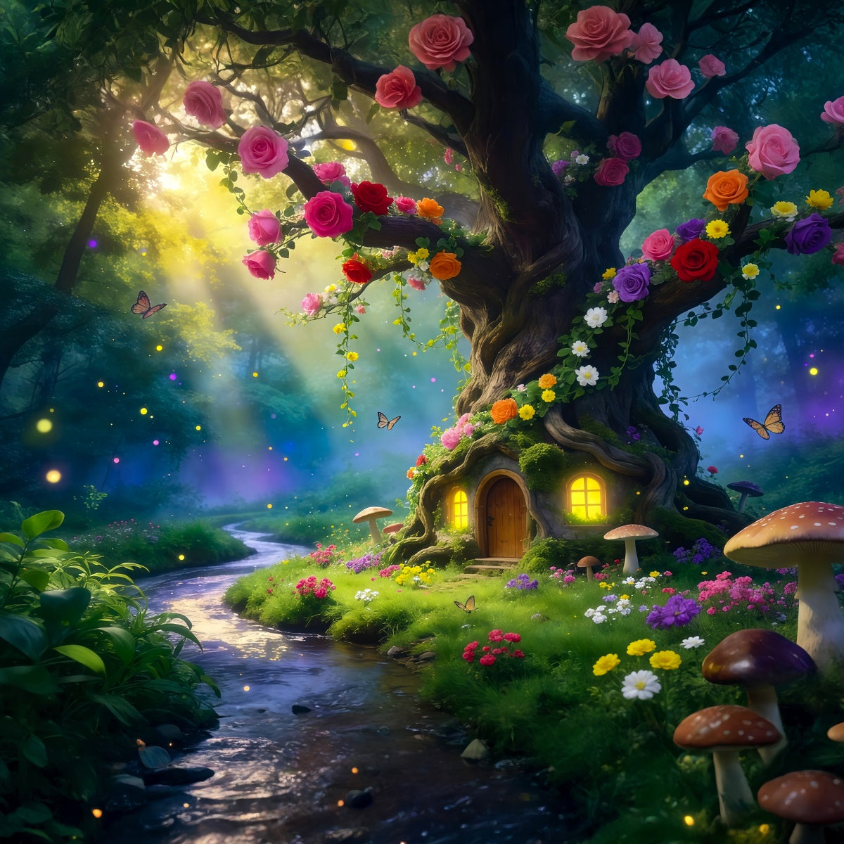 Forest Backdrop Blooming Tree Hollow Cottage Path Forest Backdrop For Photography UK RR63-168