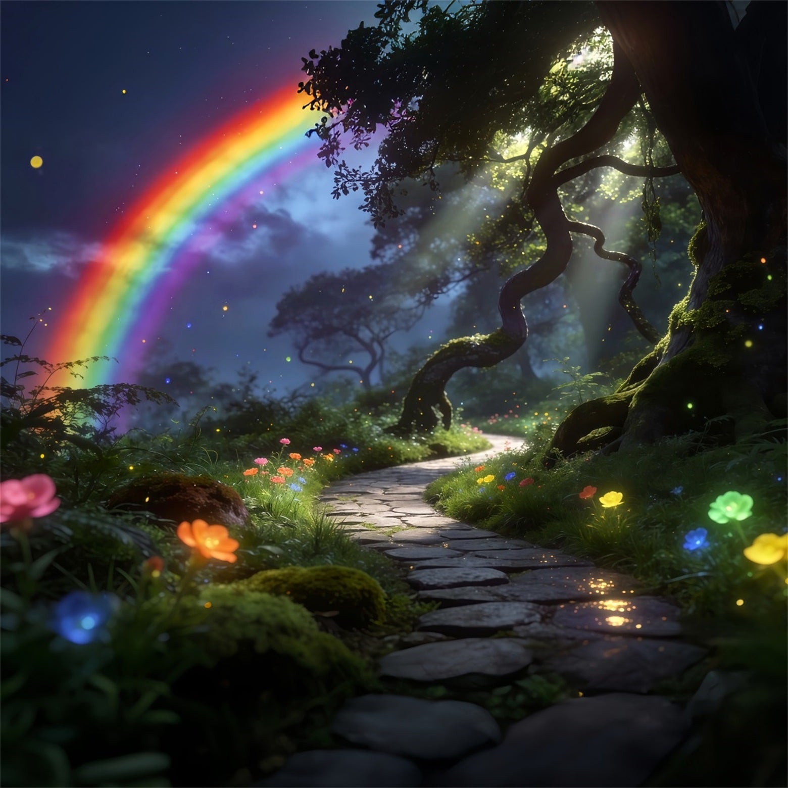 Enchanted Forest Backdrop Rainbow Sky Woodland Path Dream Glow Forest Photo Backdrops UK RR63-169