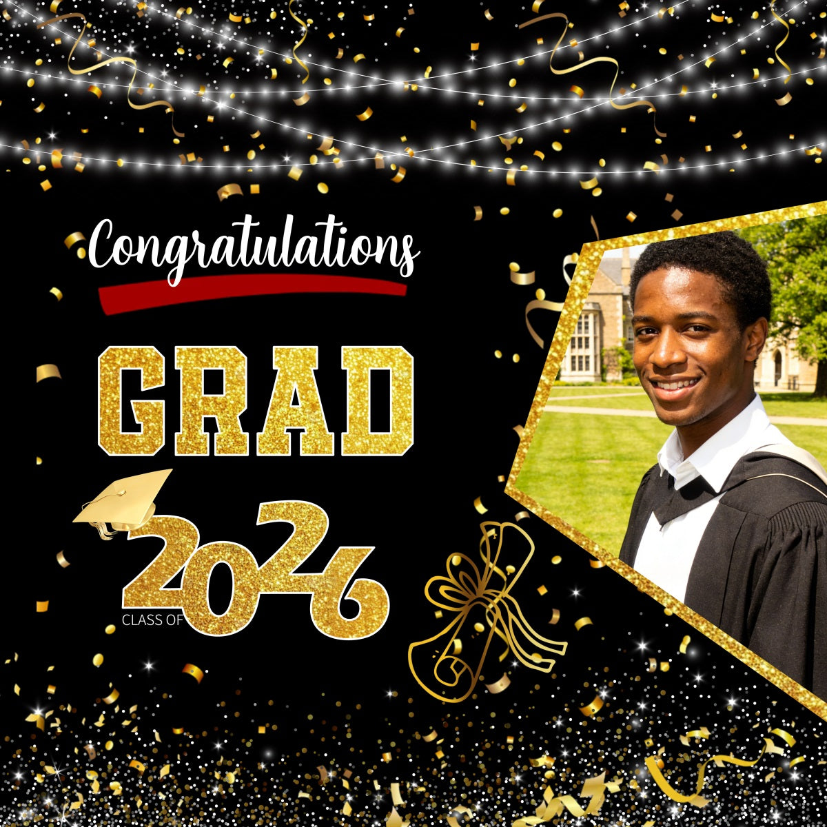Congratulations Graduation Backdrop Black Gold Confetti Lights Custom Graduation Backdrop UK RR63-17