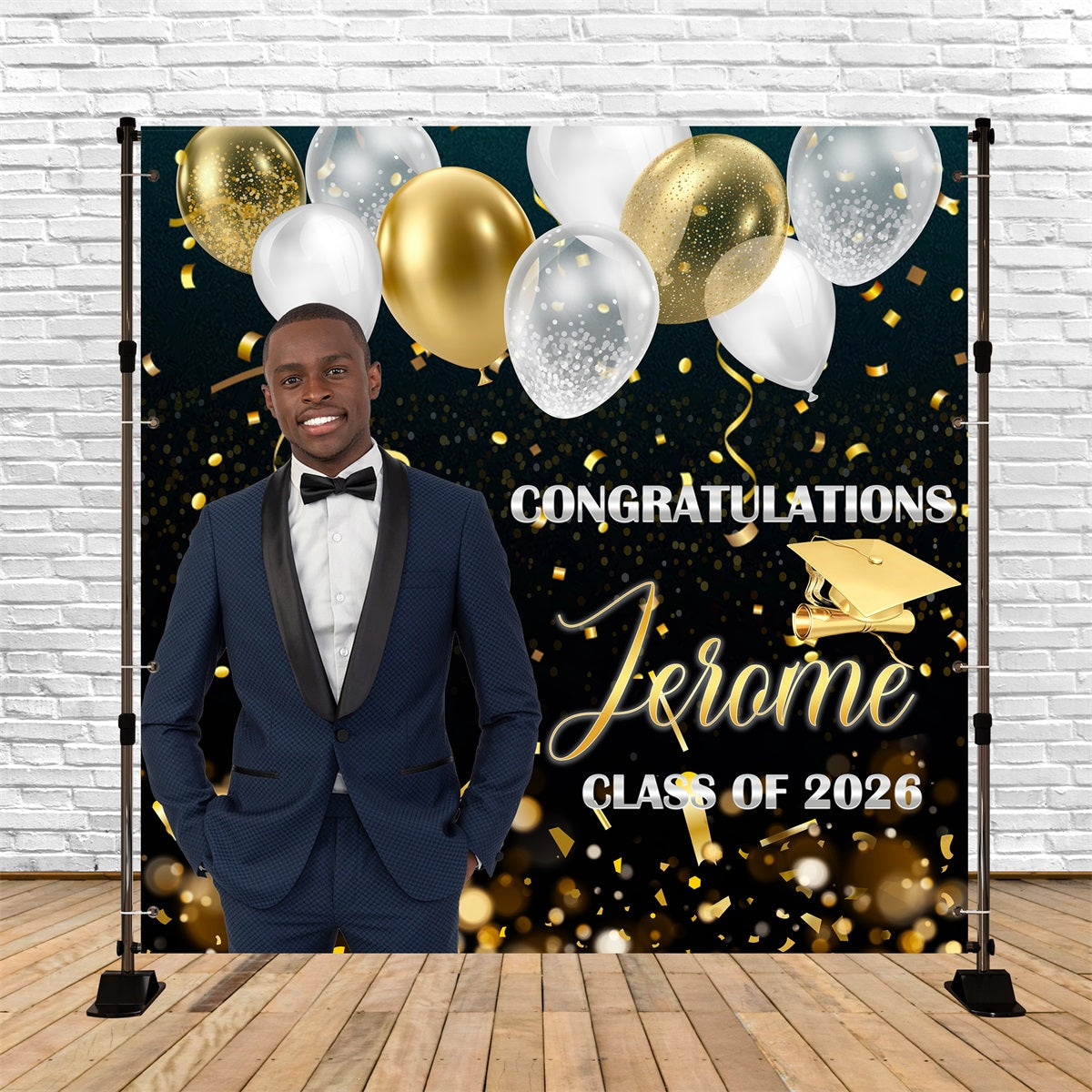 Graduation Party Backdrop Black Gold Balloons Confetti Personalized Graduation Backdrop UK RR63-26