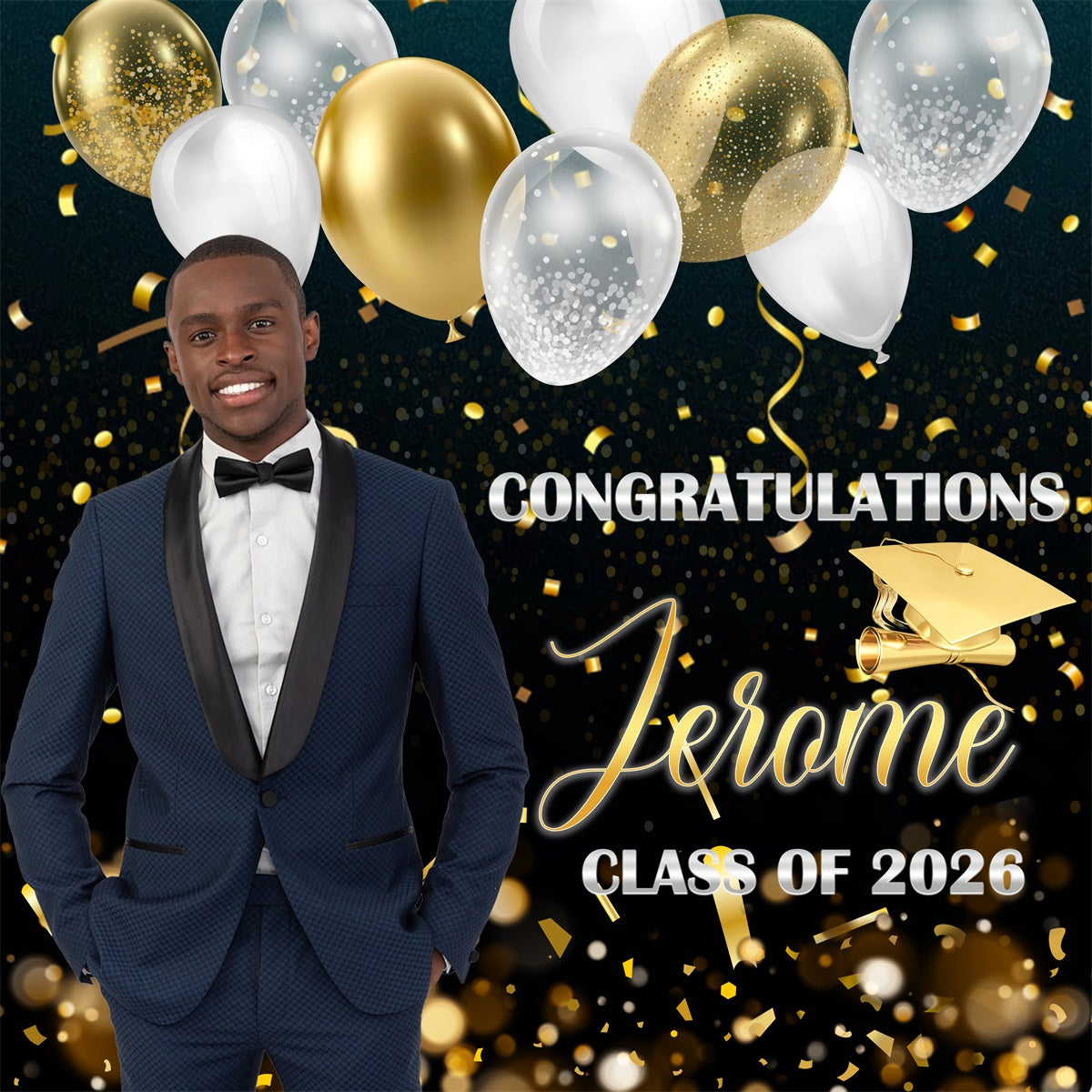 Graduation Party Backdrop Black Gold Balloons Confetti Personalized Graduation Backdrop UK RR63-26