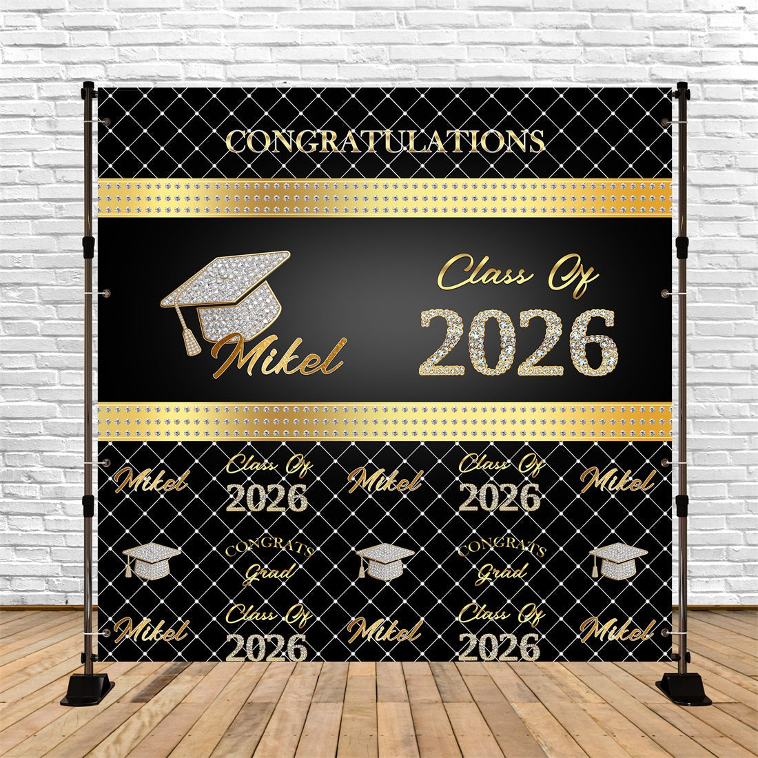 Custom Graduation Backdrop Black Gold Diamond Pattern Class Of 2026 Graduation Backdrop UK RR63-27