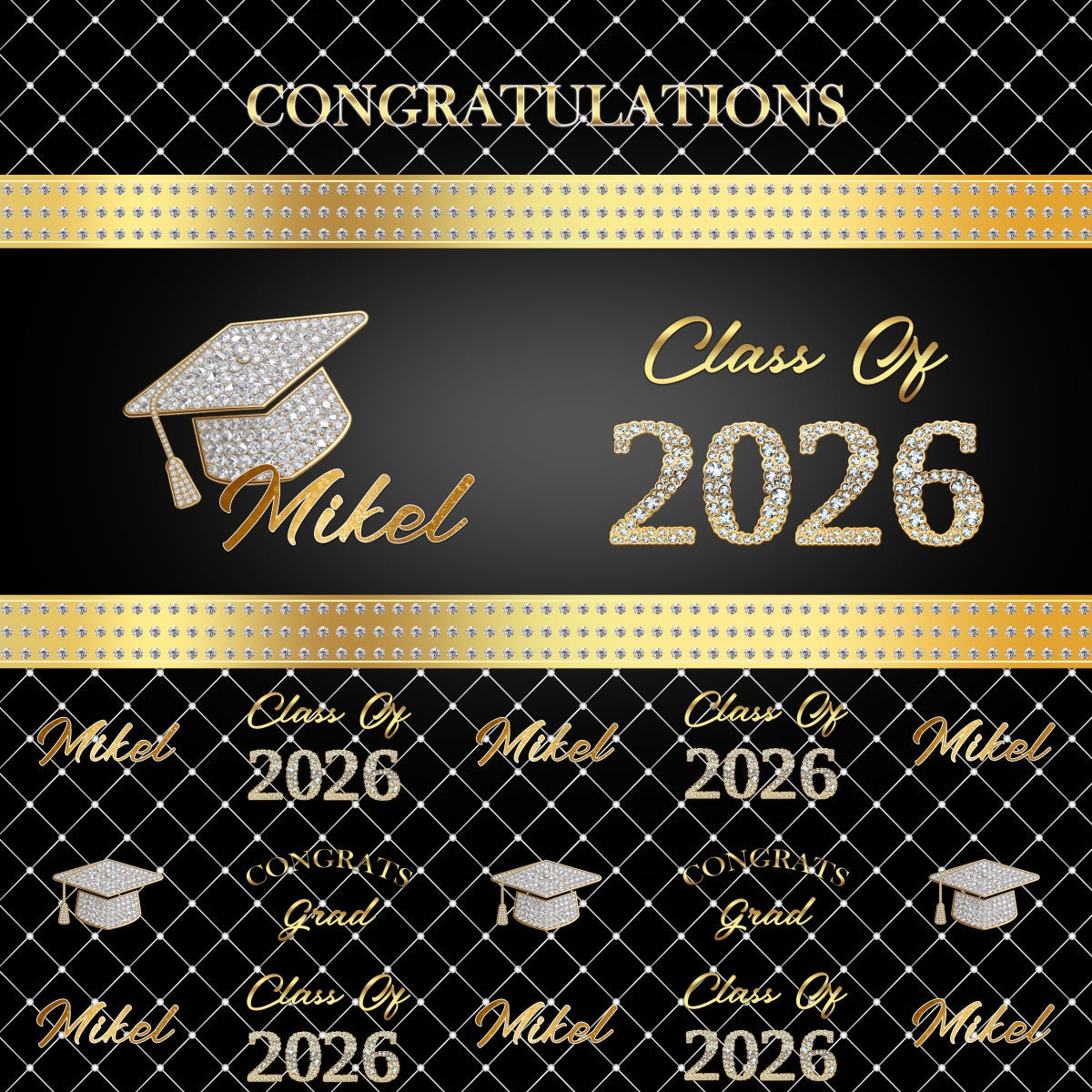 Custom Graduation Backdrop Black Gold Diamond Pattern Class Of 2026 Graduation Backdrop UK RR63-27