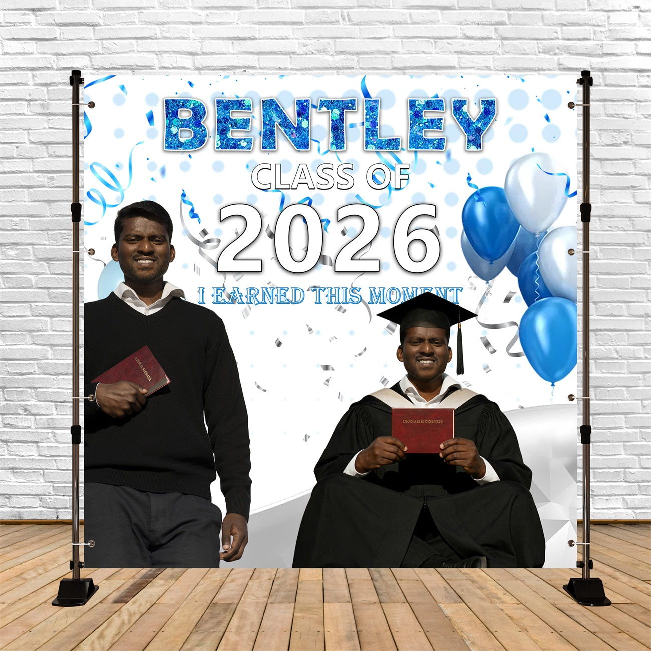 Graduation Backdrop Design Blue Glitter Confetti Balloons Backdrop For Graduation Party UK RR63-28