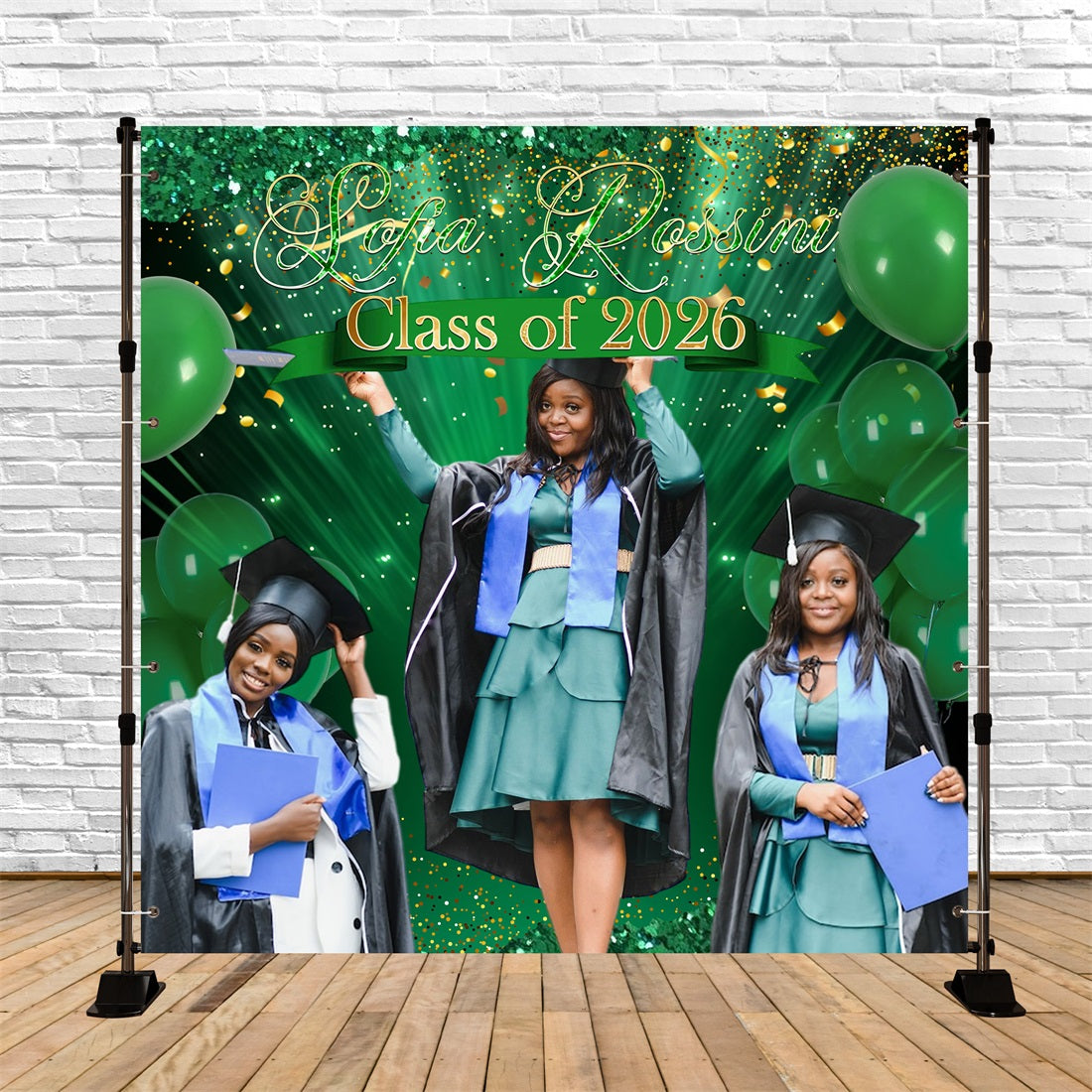 Custom Graduation Backdrops Green Glitter Balloons Confetti Graduation Party Backdrop Ideas UK RR63-30