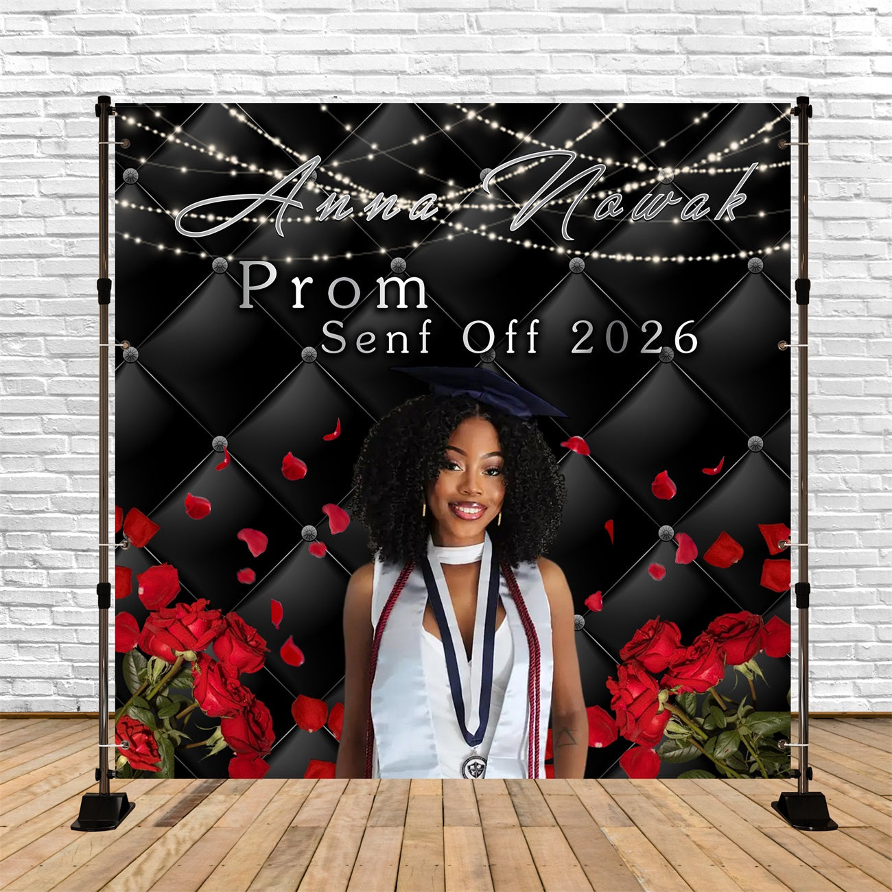 Black Prom Backdrop Elegant Rose Petals Lights Prom Send Off Backdrops UK RR63-38