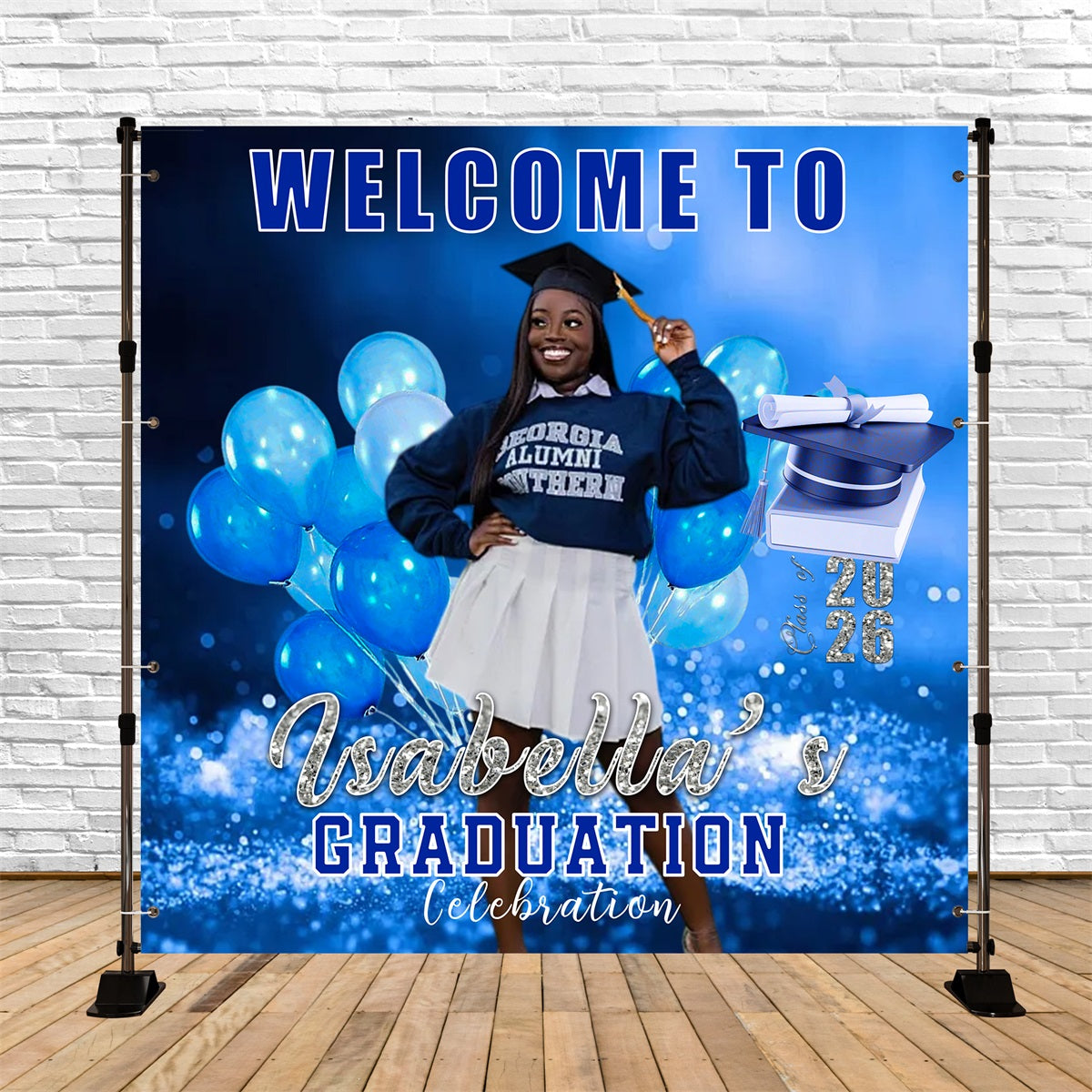 Balloons Graduation Backdrop Cap Blue Glitter Bokeh Backdrop For Graduation Party UK RR63-43