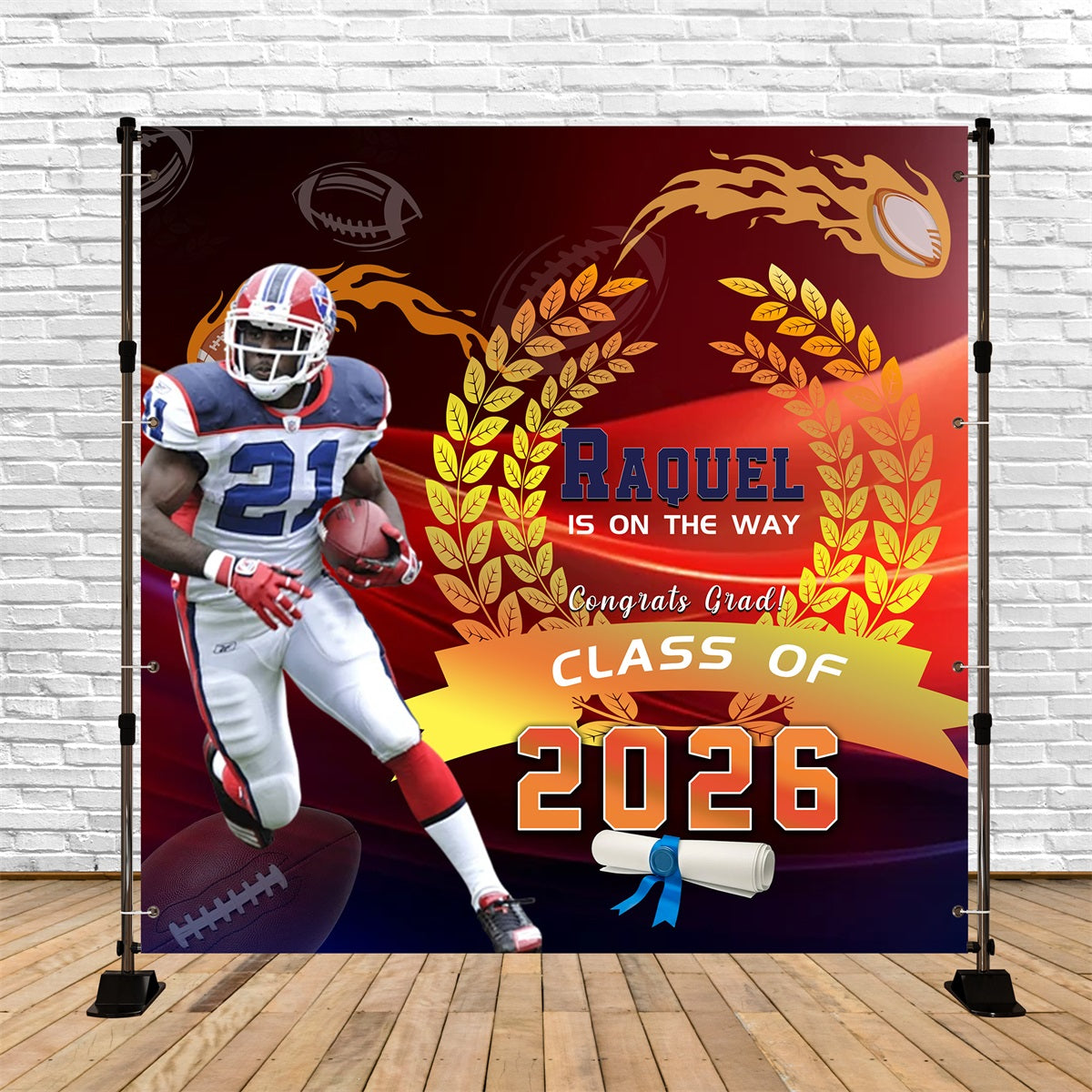 Sports Graduation Backdrop Football Player Victory Moment Graduation Party Backdrops UK RR63-50