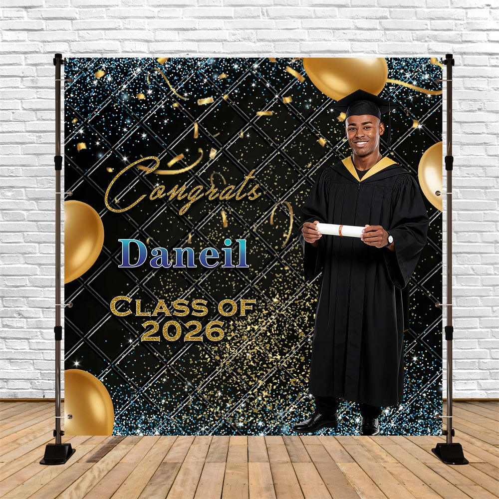 Balloons Graduation Backdrop Gold Ribbons Glitter Personalized Graduation Backdrop UK RR63-80