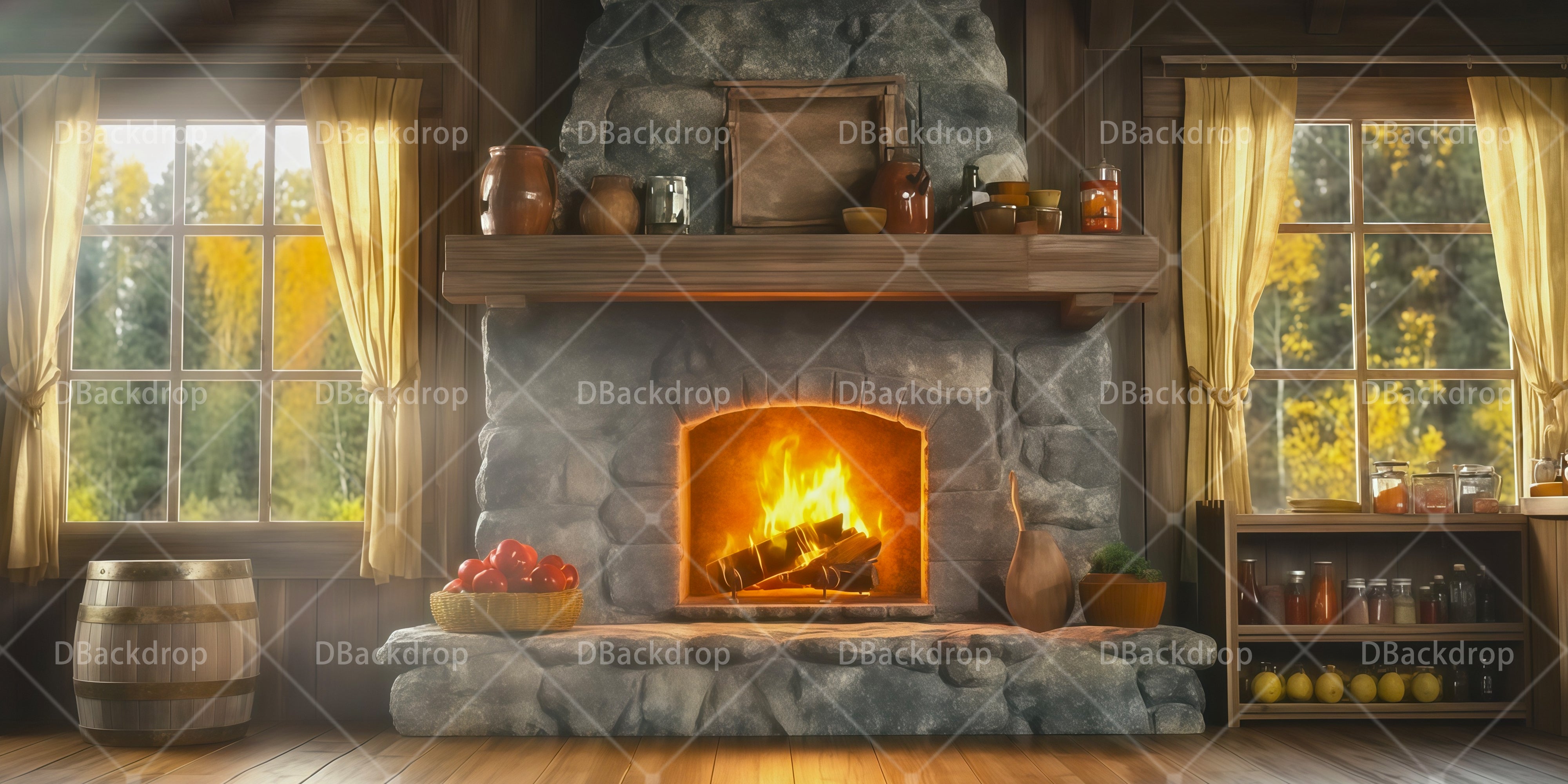 Backdrop For Theater Play Wooden Cabin Interior Stage UK Backdrops RR66-T51