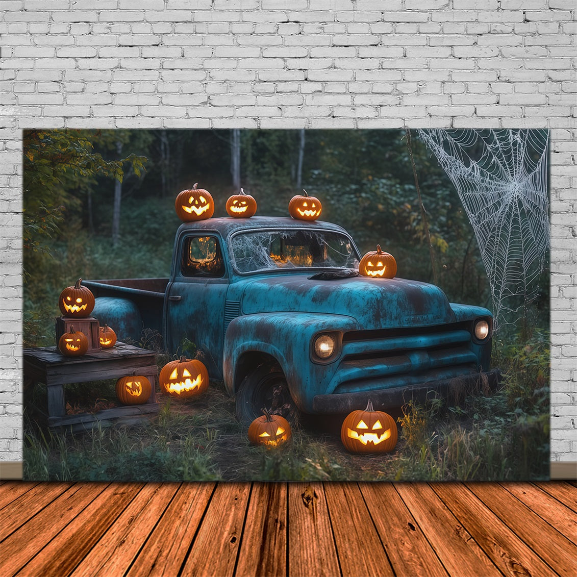 Outdoor Halloween Backdrop Vintage Truck Pumpkin Web Spooky Halloween Backdrop UK RR67-109