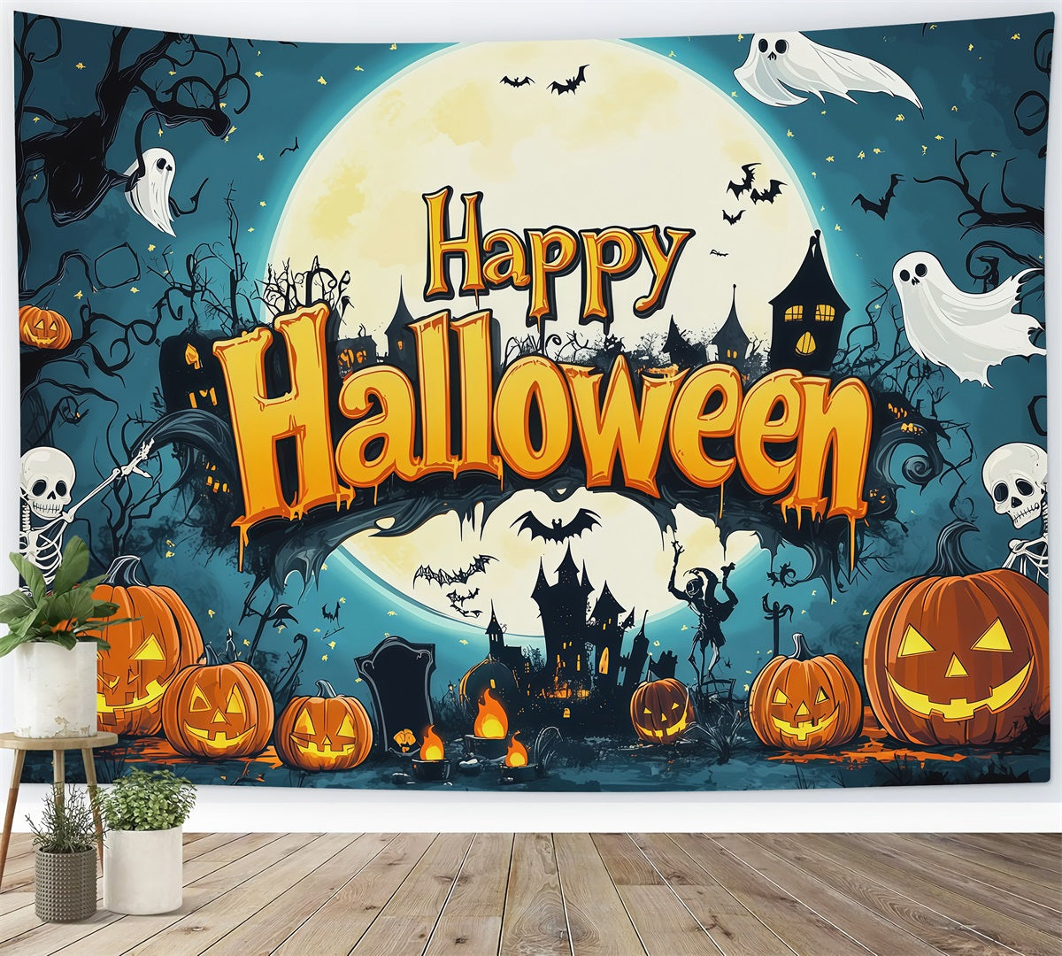 Backdrop Halloween Photo Booth Skeleton Pumpkin Moon Party Halloween Party Photo Backdrop UK RR67-120