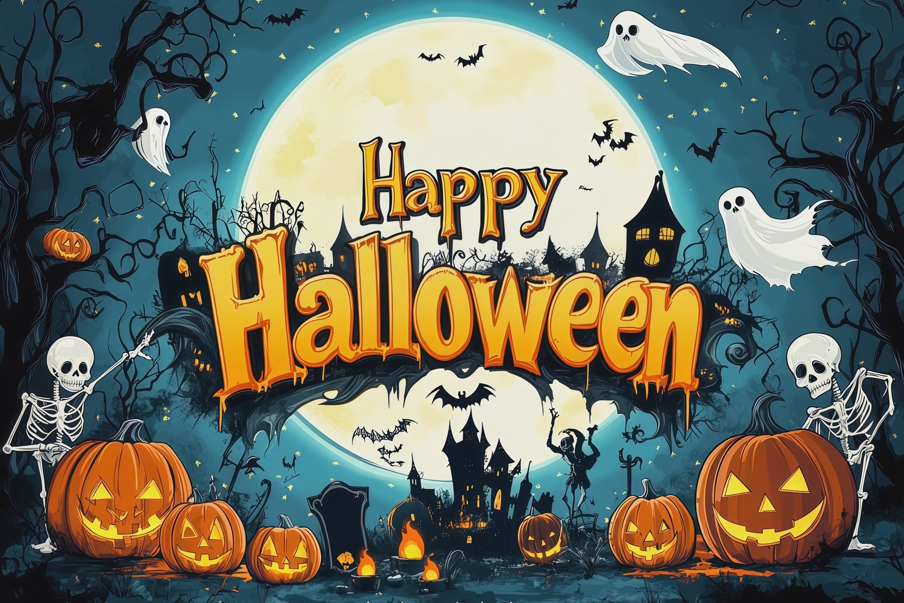 Backdrop Halloween Photo Booth Skeleton Pumpkin Moon Party Halloween Party Photo Backdrop UK RR67-120