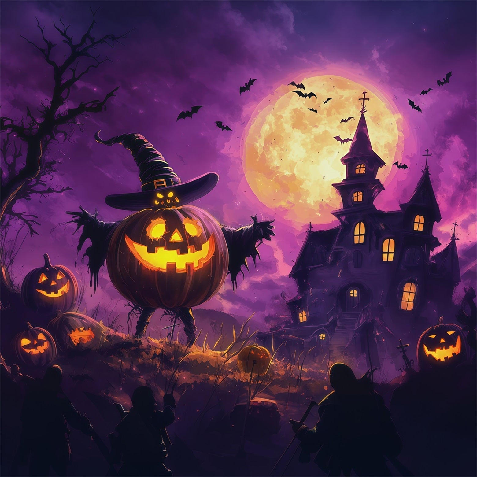 Halloween Party Photo Backdrop Ideas Moonlit Pumpkin Witch Mansion Creepy Halloween Backdrop UK RR67-144