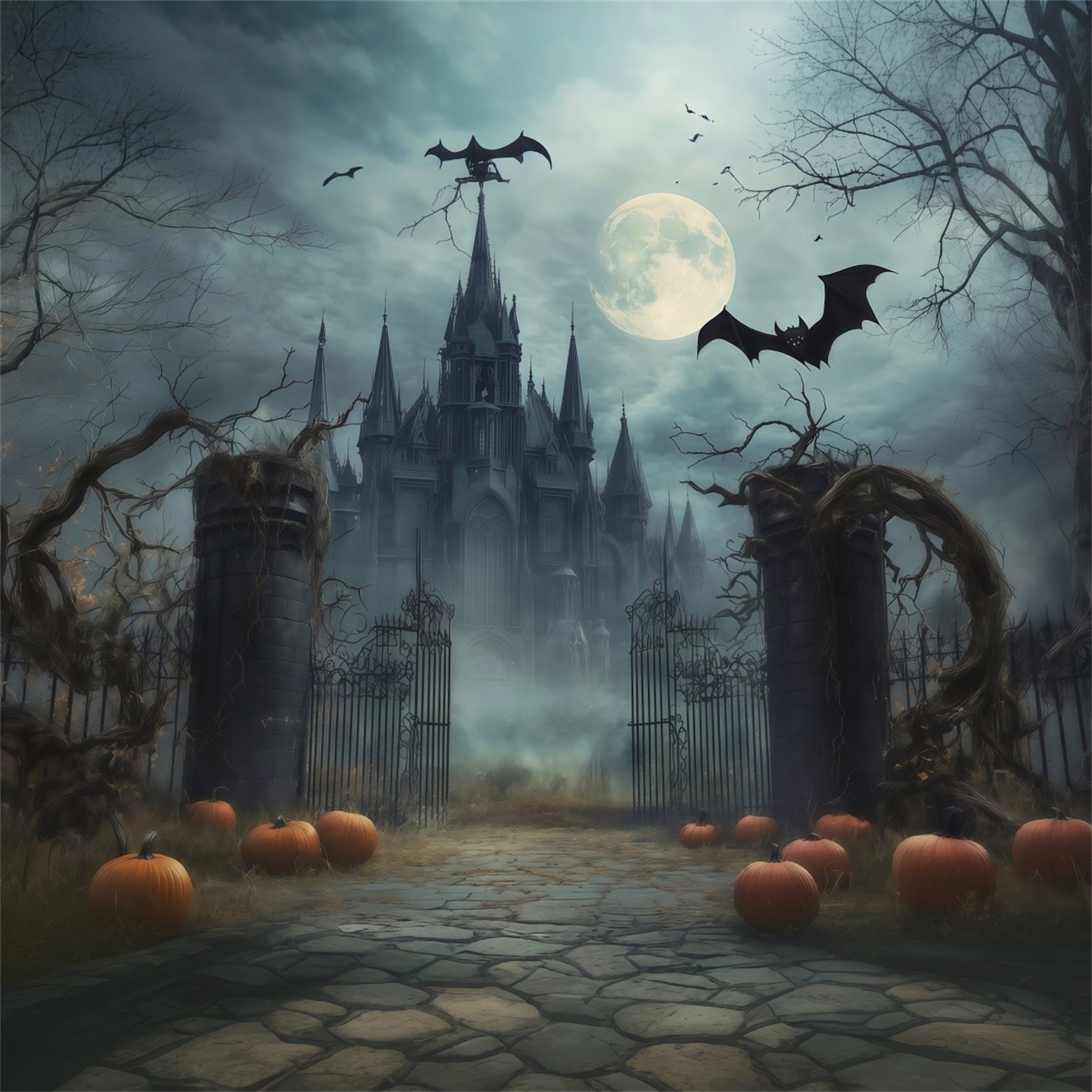 Scary Halloween Photo Backdrops Foggy Moonlit Gothic Gateway Happy Halloween Backdrop UK RR67-146