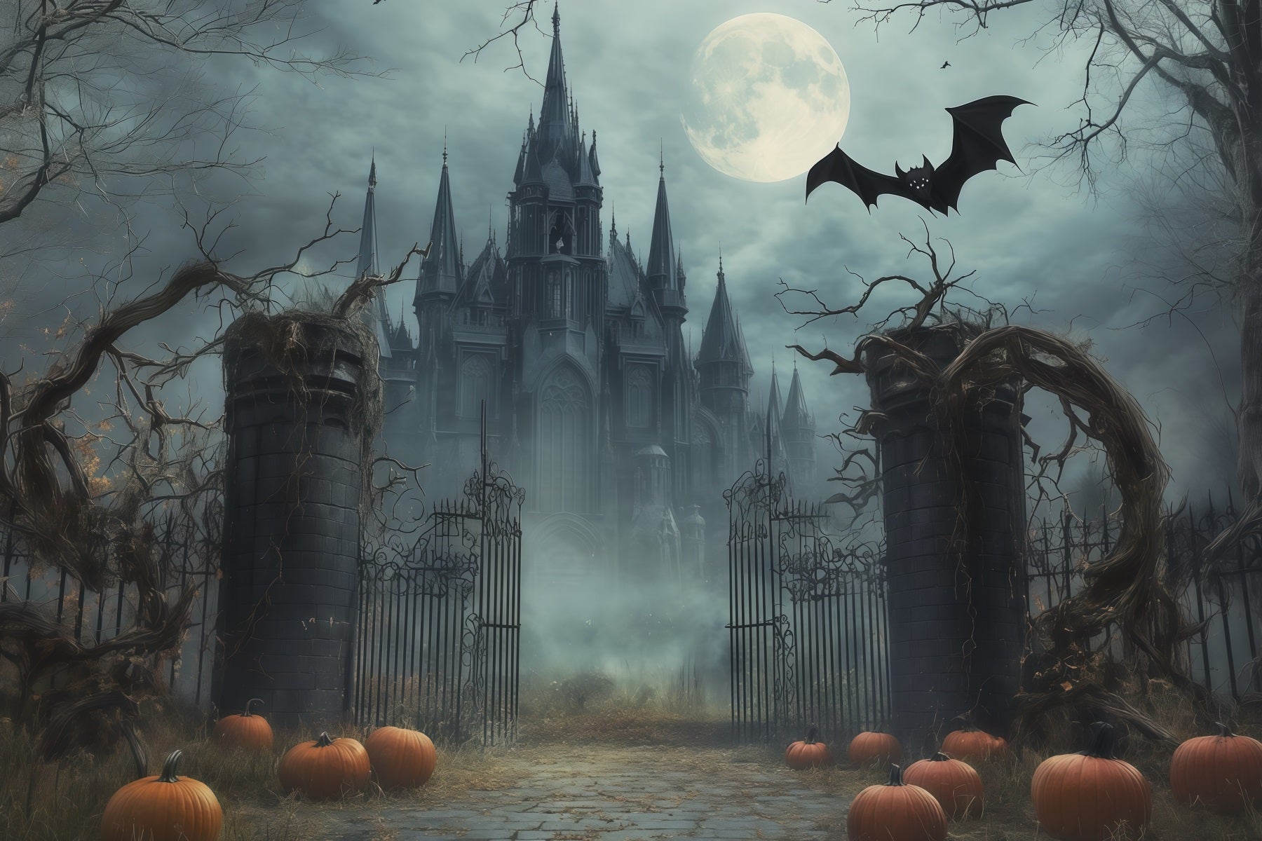 Scary Halloween Photo Backdrops Foggy Moonlit Gothic Gateway Happy Halloween Backdrop UK RR67-146