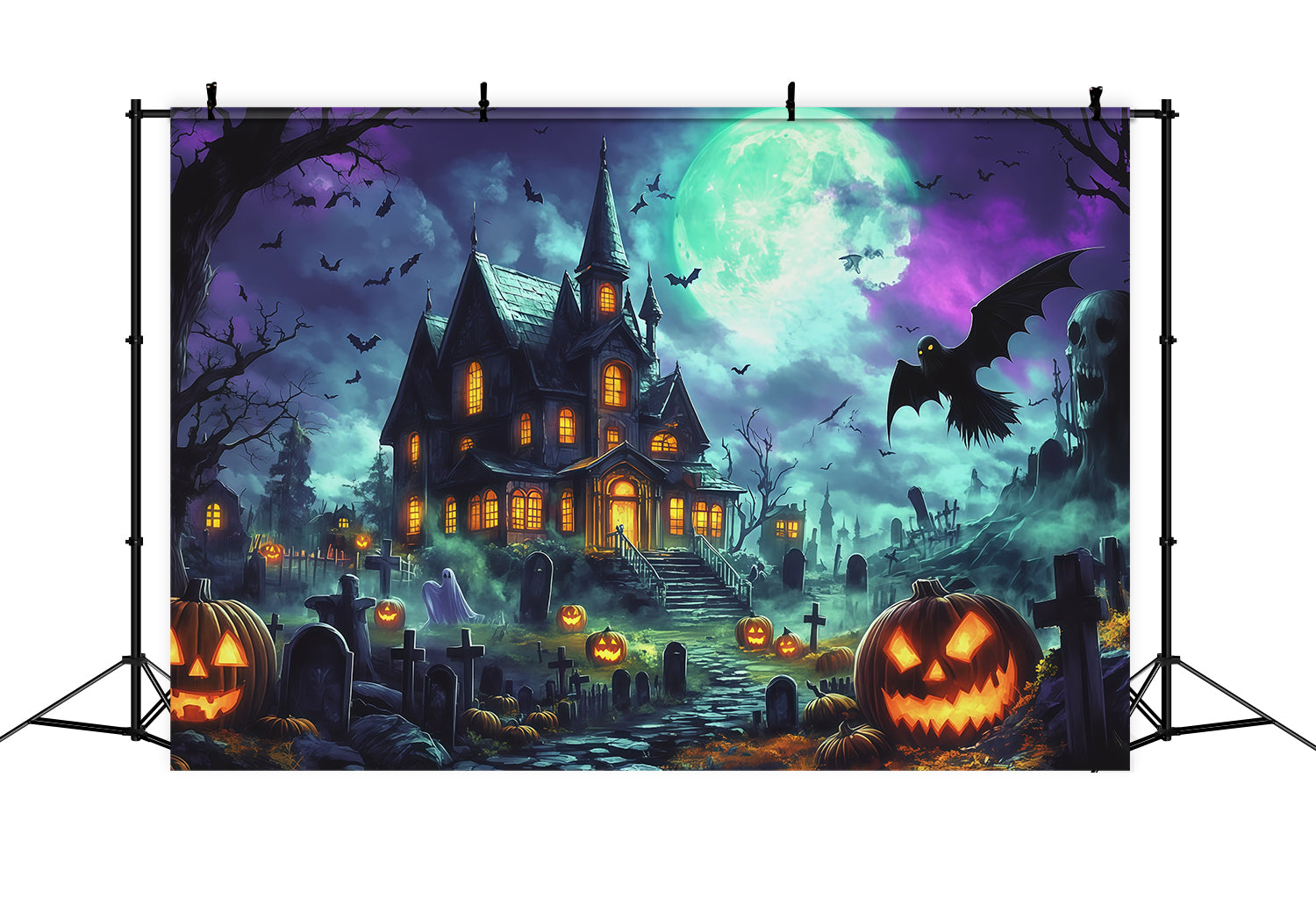 Halloween Backdrop Haunted House Moonlit Pumpkin Manor Magical Christmas Backdrop UK RR67-165