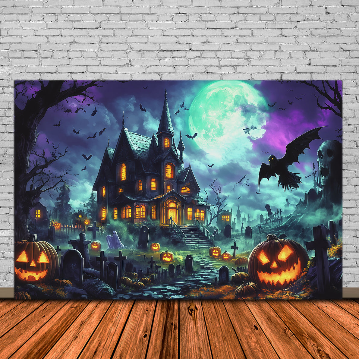 Halloween Backdrop Haunted House Moonlit Pumpkin Manor Magical Christmas Backdrop UK RR67-165