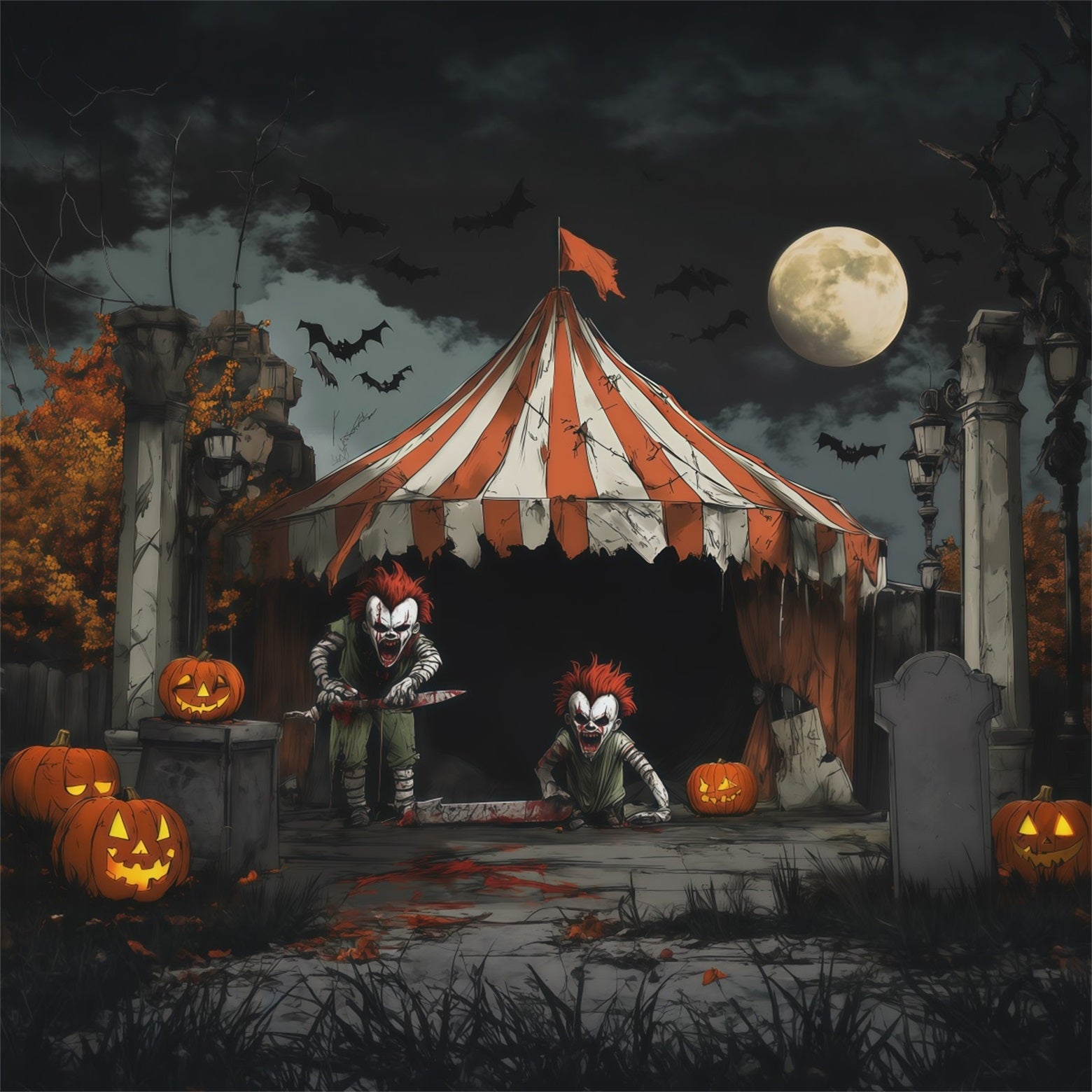 Creepy Clown Backdrop Moonlit Killer Circus Halloween Themed Backdrops UK RR67-172