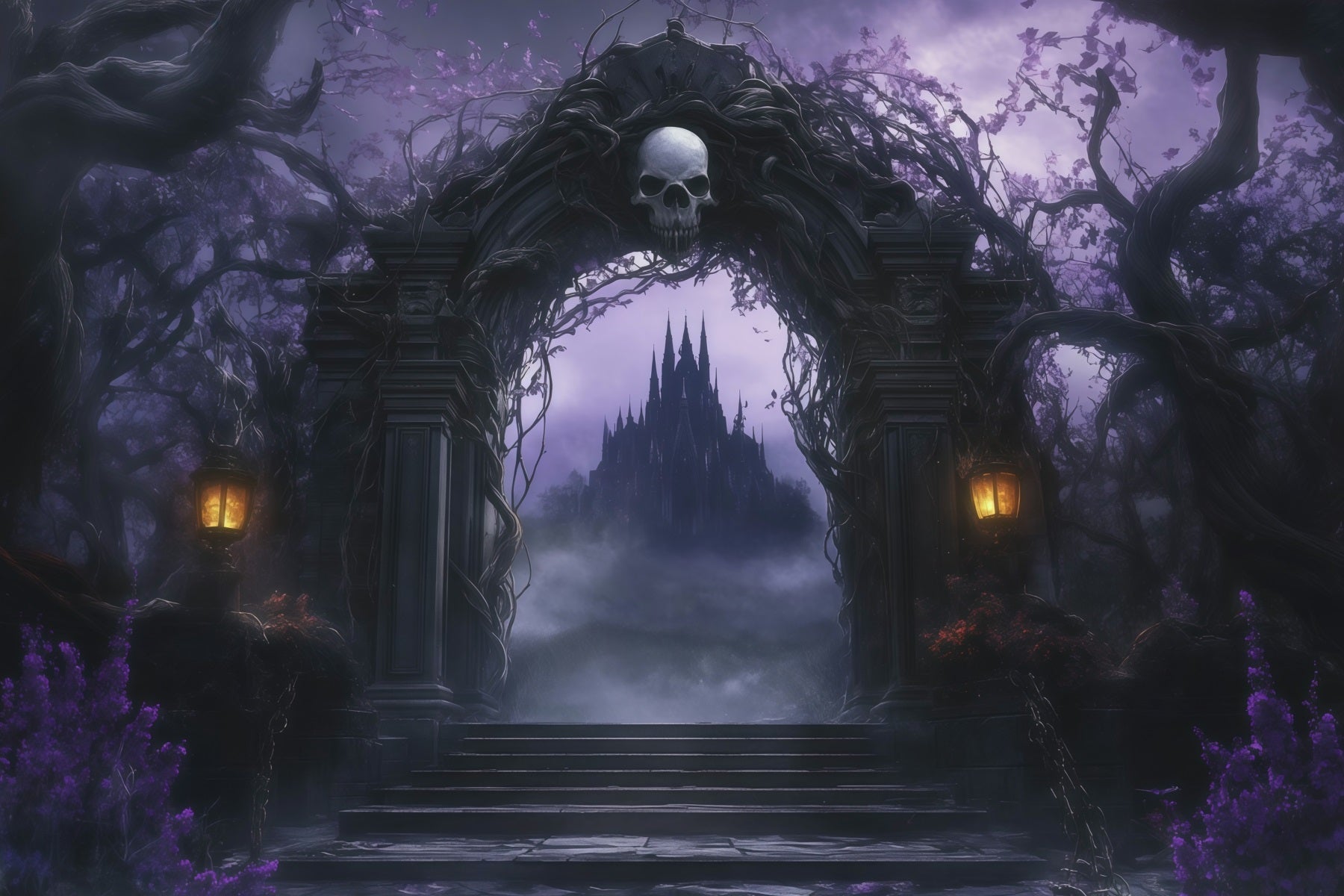 Gothic Castle Backdrop Skull Arch Castle Path Fall Halloween Backdrop UK RR67-181