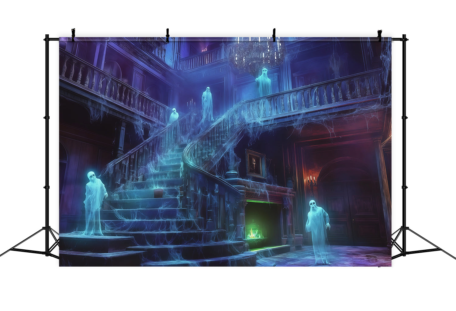 Backdrops Inside Haunted House Ghostly Cobweb Mansion Staircase Halloween Spooky Backdrop UK RR67-186