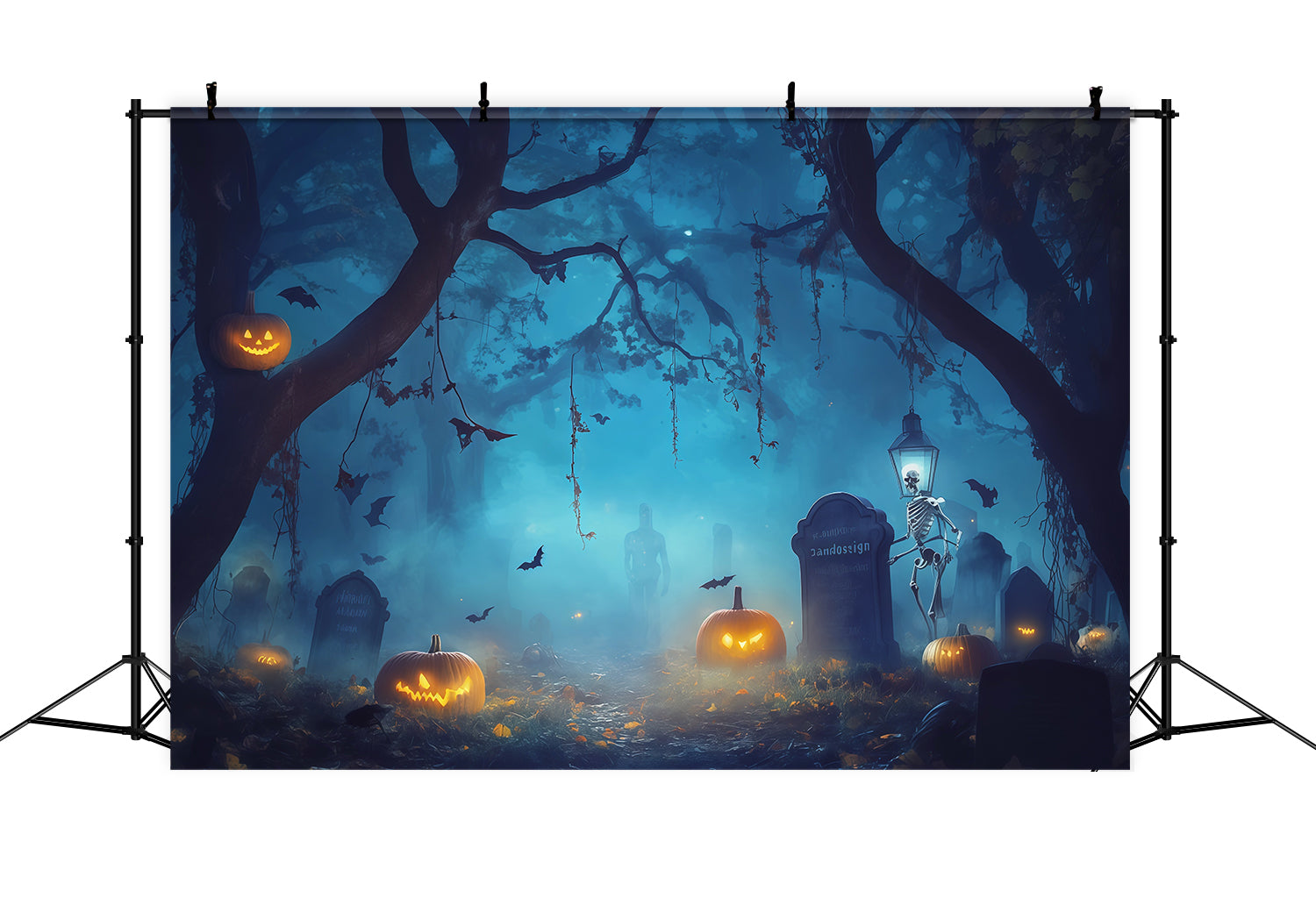 Jackolantern Backdrop Foggy Skeleton Graveyard Scary Halloween Backdrop Ideas UK RR67-192