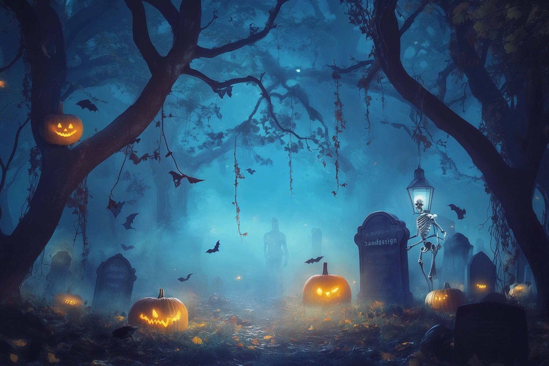 Jackolantern Backdrop Foggy Skeleton Graveyard Scary Halloween Backdrop Ideas UK RR67-192