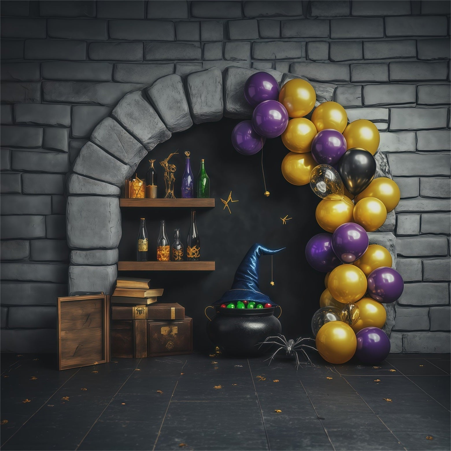 Stone Wall Backdrop Halloween Witch Potion Balloon Alcove Wizard Backdrop UK RR67-193