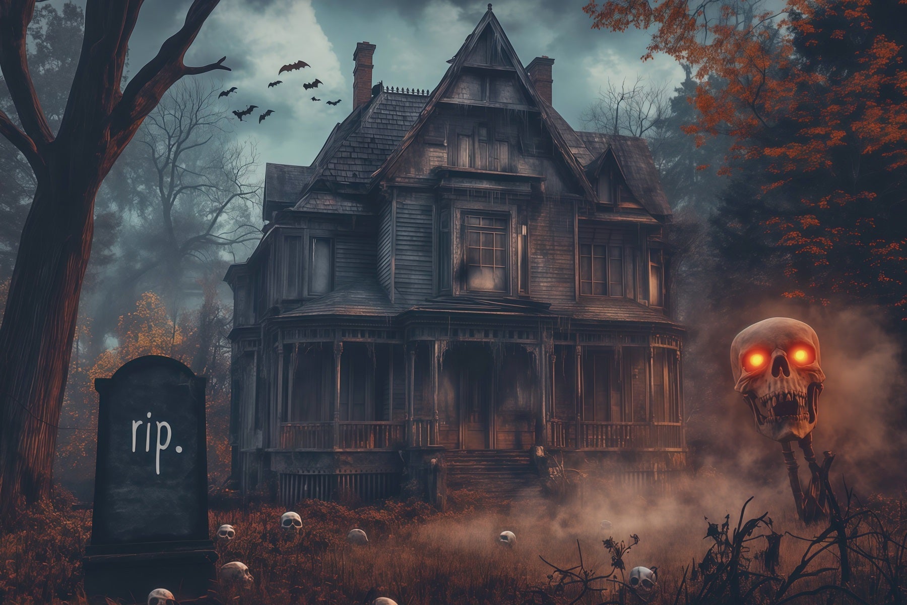 Haunted House Back Drop Foggy Skull Haunted Manor Halloween Backdrop Photo Booth UK RR67-196