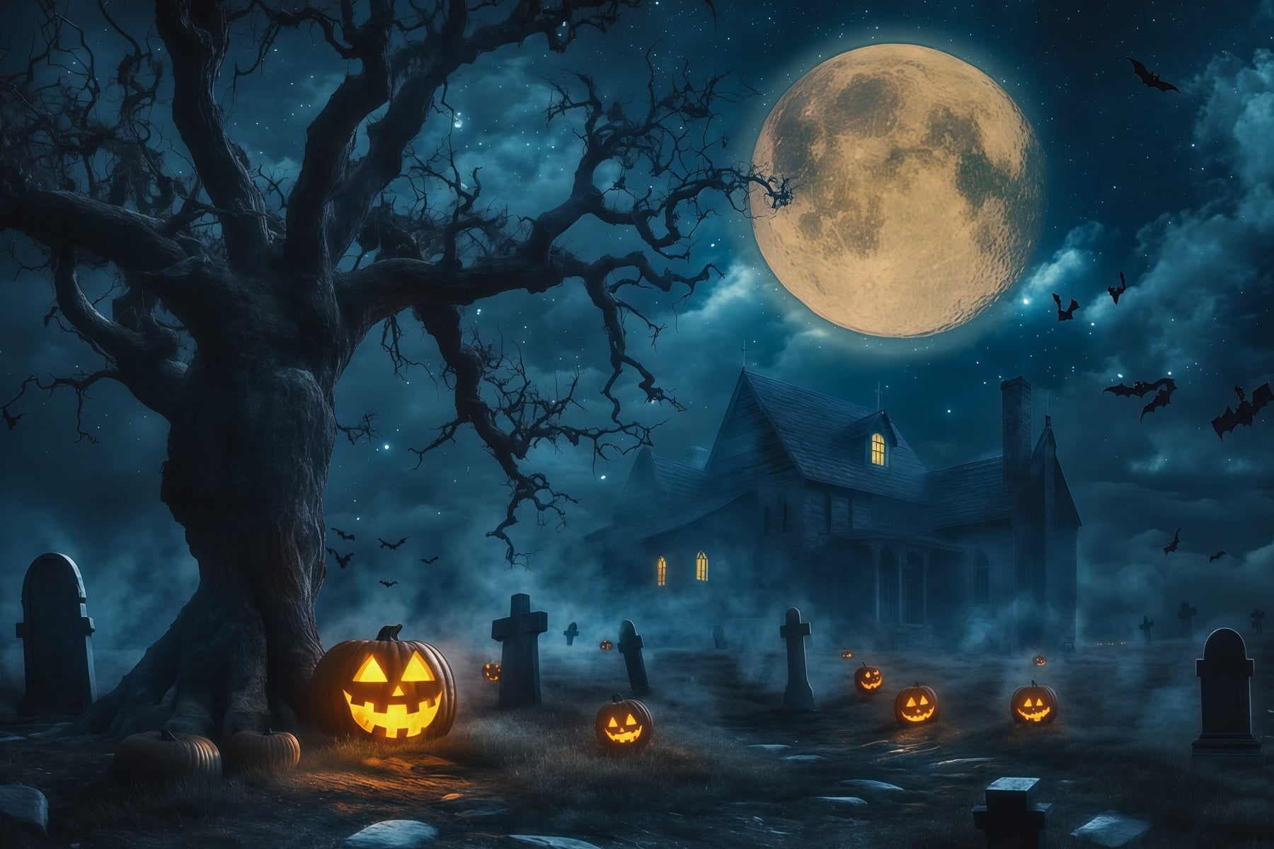 Haunted House Backdrop Banner Moonlit Pumpkin Graveyard Manor Halloween Stage Backdrop UK RR67-197