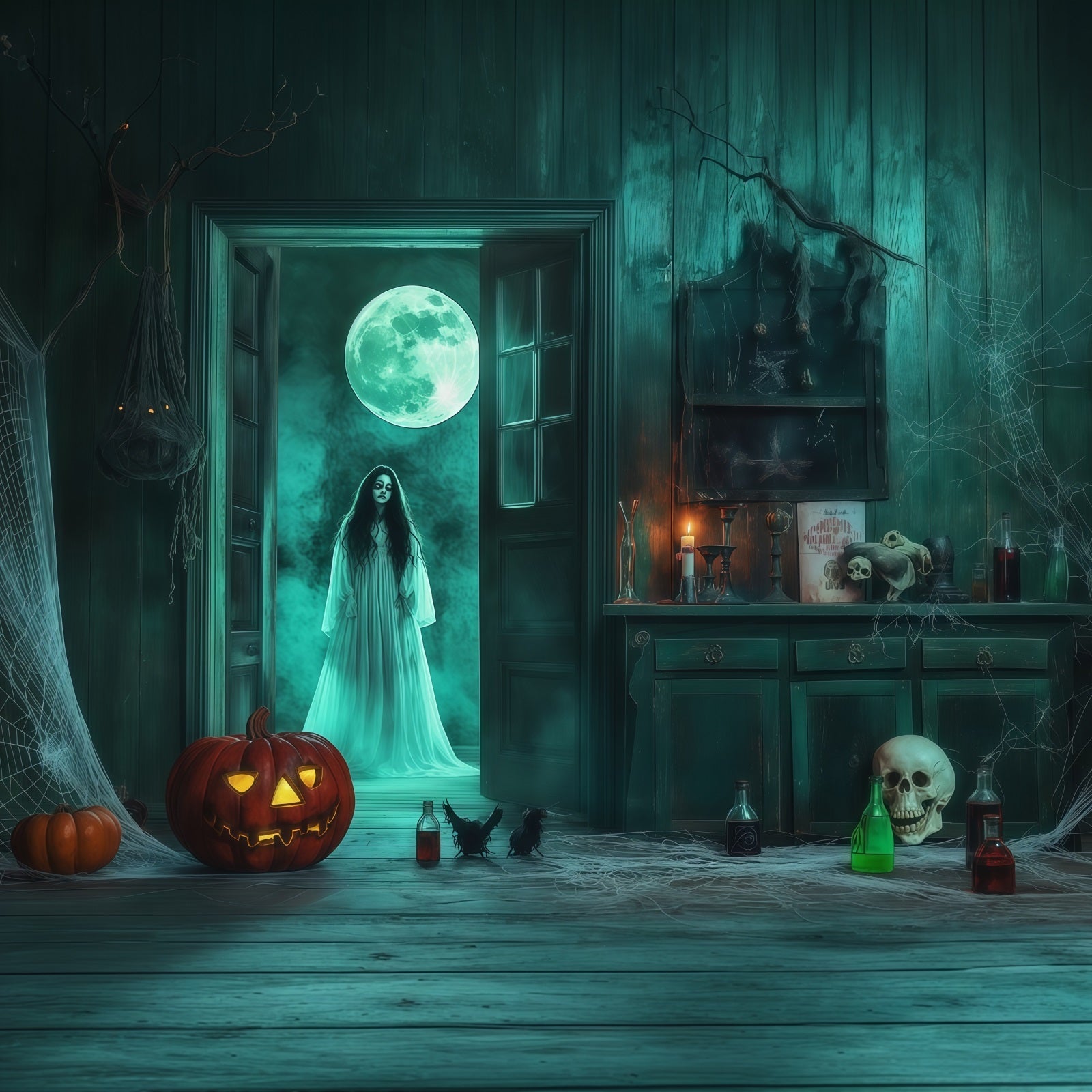Scary Halloween Photo Backdrops Ghostly Moon Cabinet Room Happy Halloween Backdrop UK RR67-47